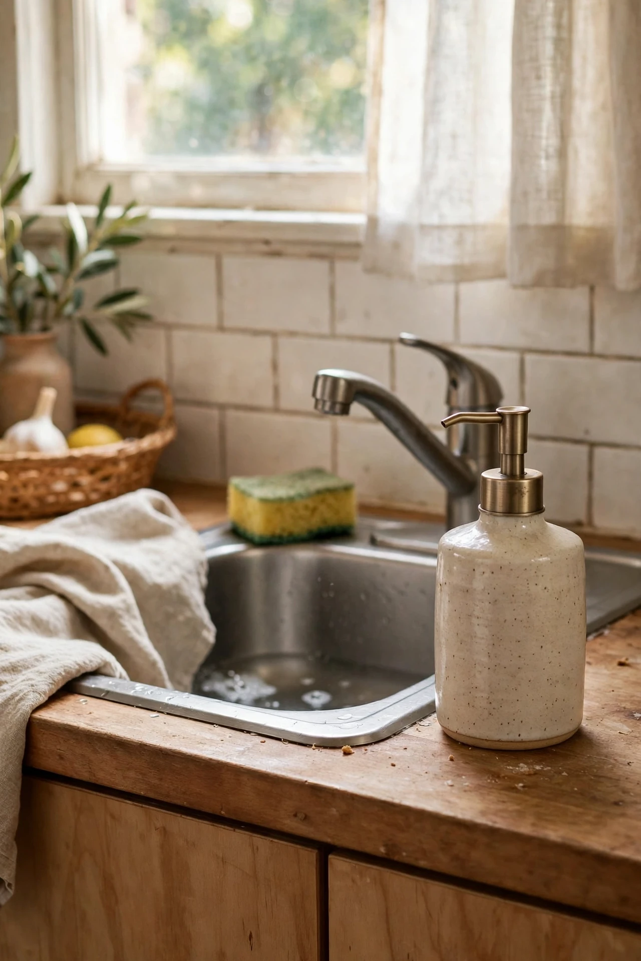 Ceramic soap dispenser by the kitchen sink