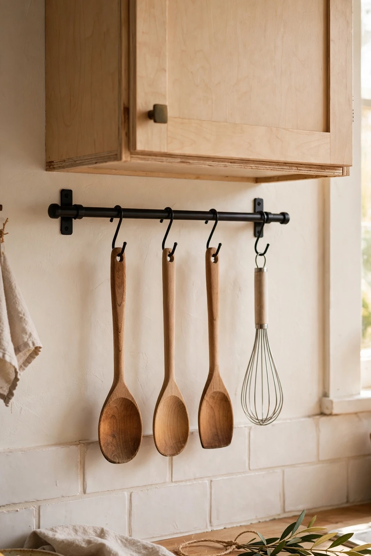 Metal rail with hanging wooden spoons under kitchen cabinet