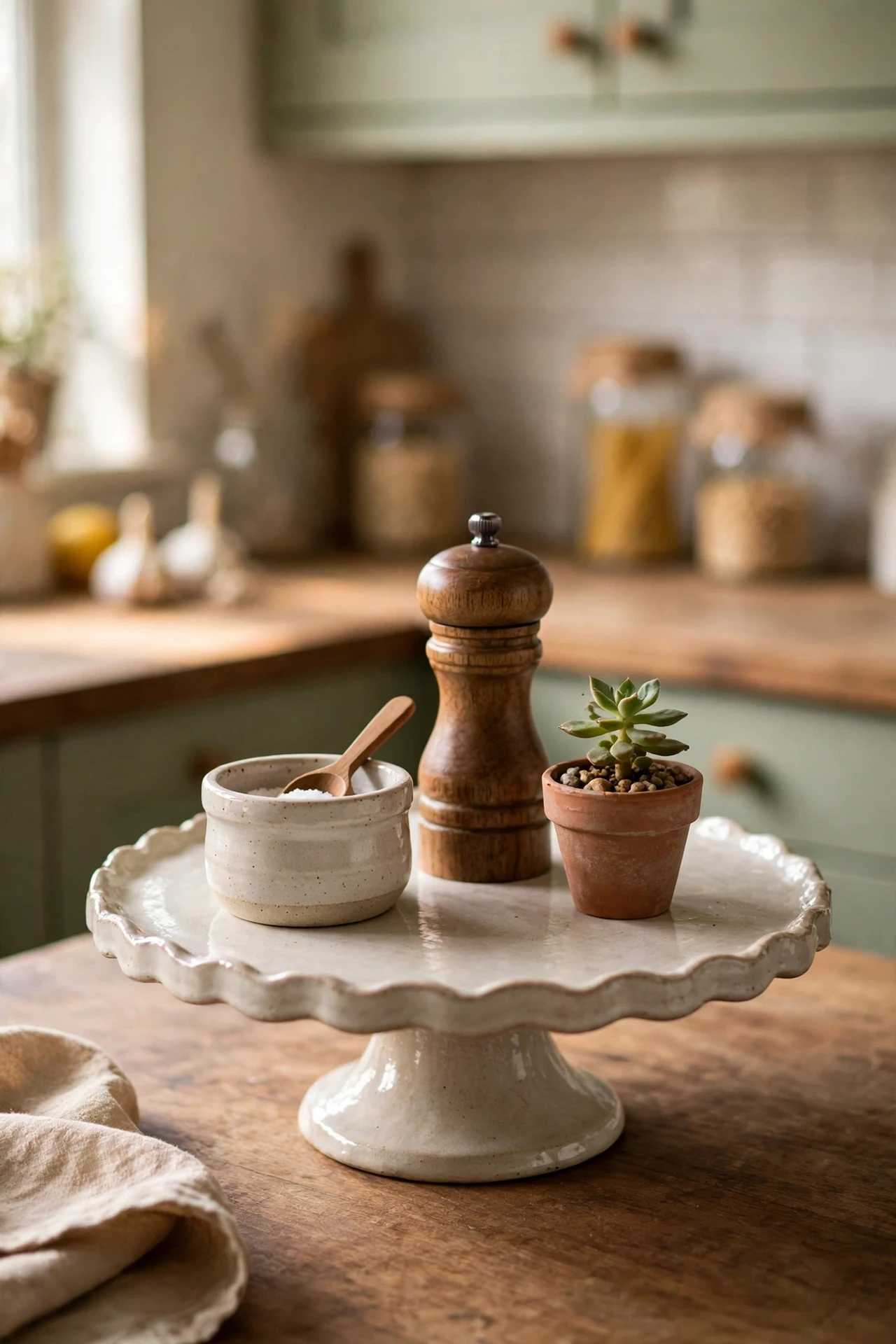 Cake stand styling salt pepper and plant on counter