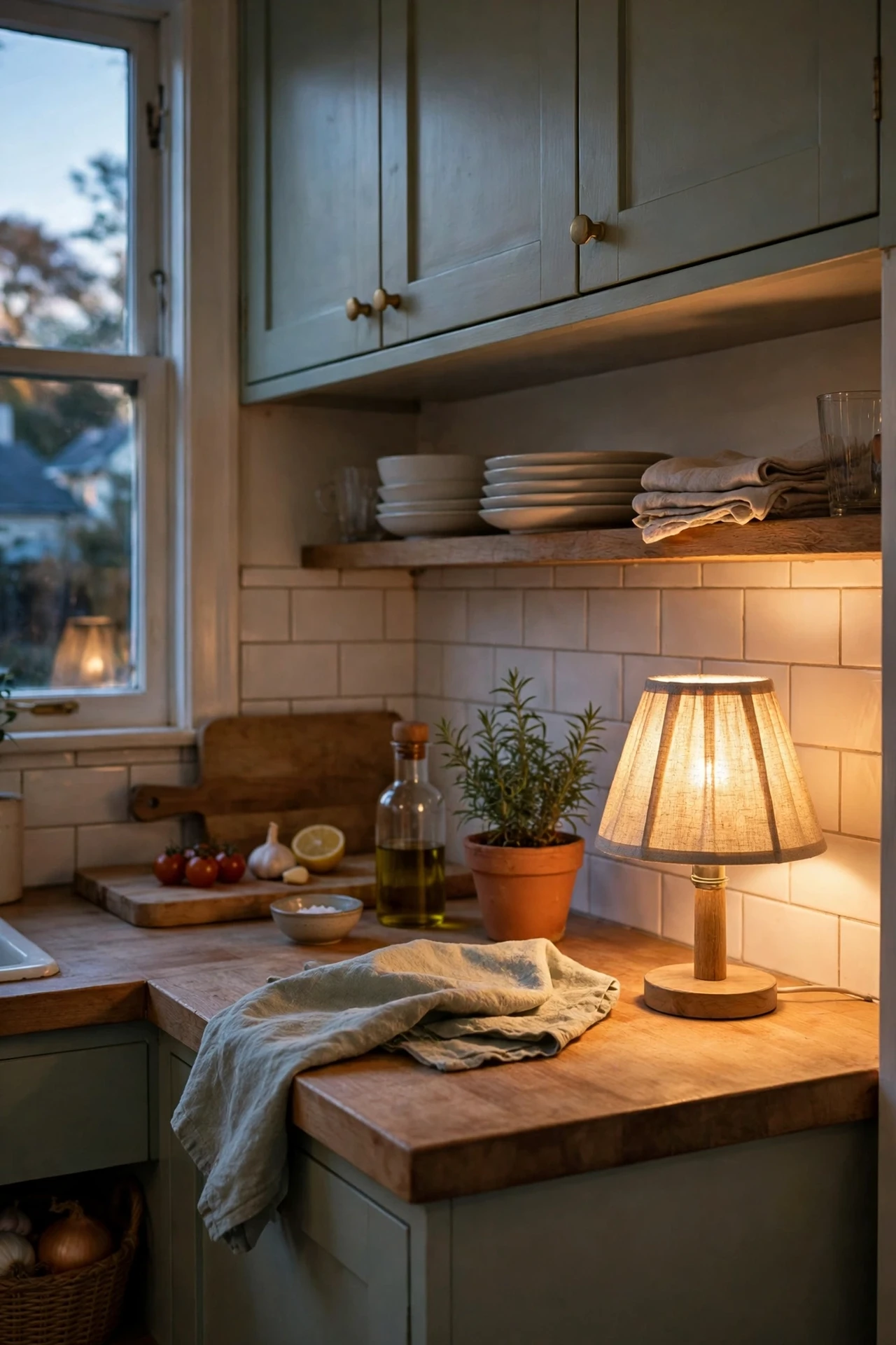 Small lamp glowing warmly at end of kitchen counter