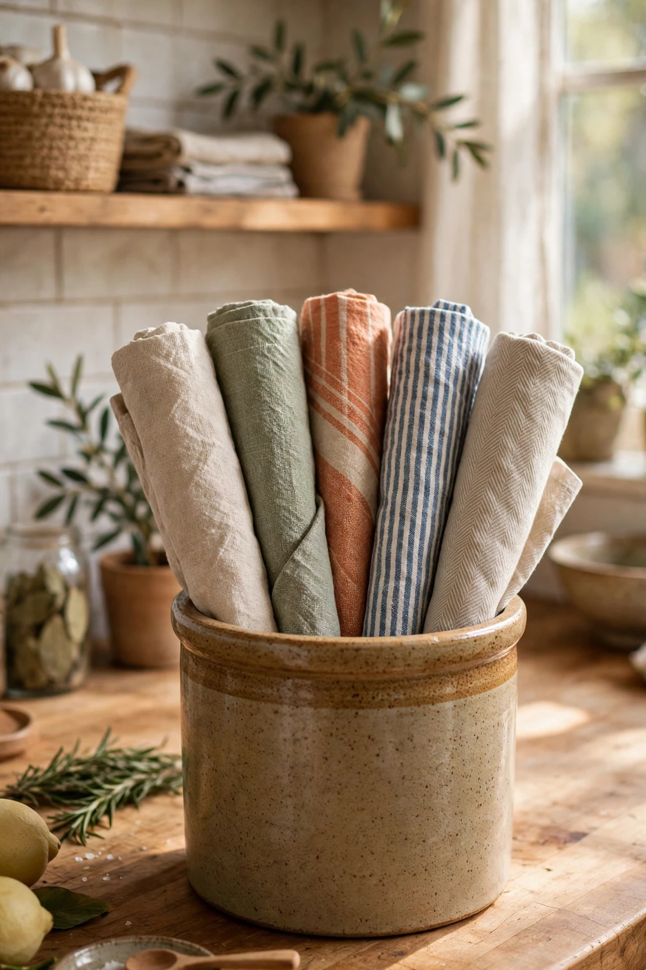 Rolled tea towels standing upright in ceramic crock