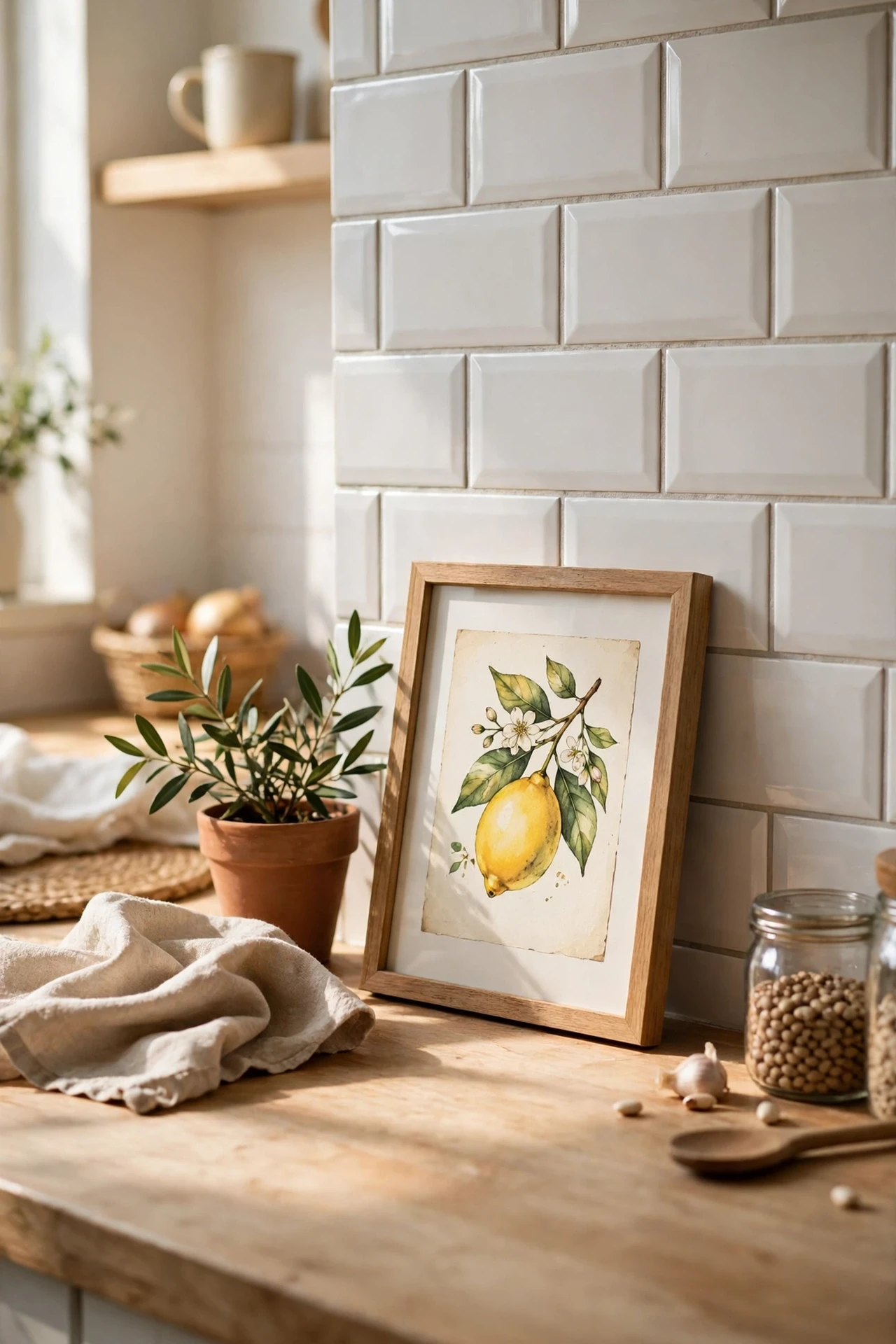 Small framed food print leaning on kitchen splashback