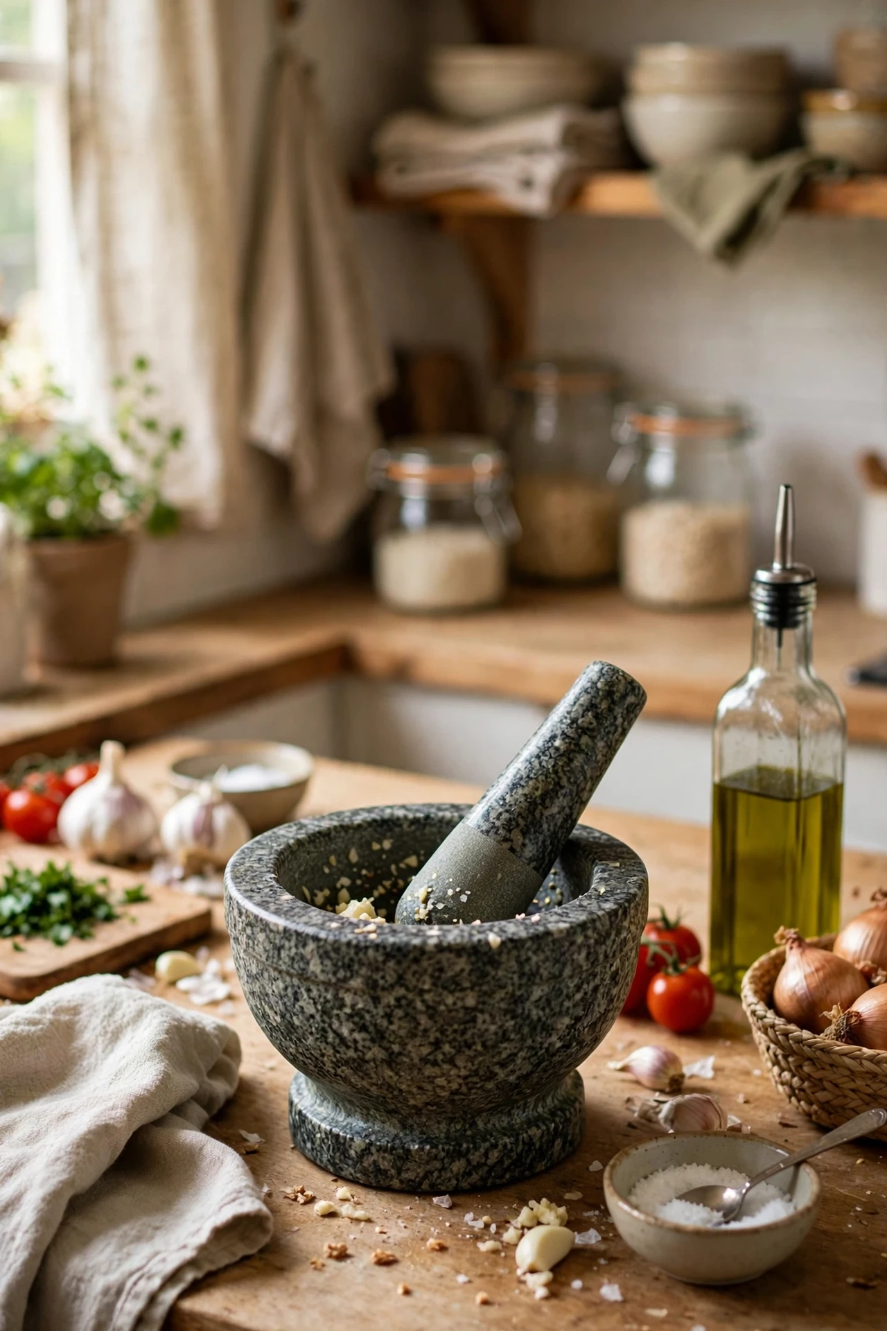 Granite mortar and pestle as kitchen counter decor