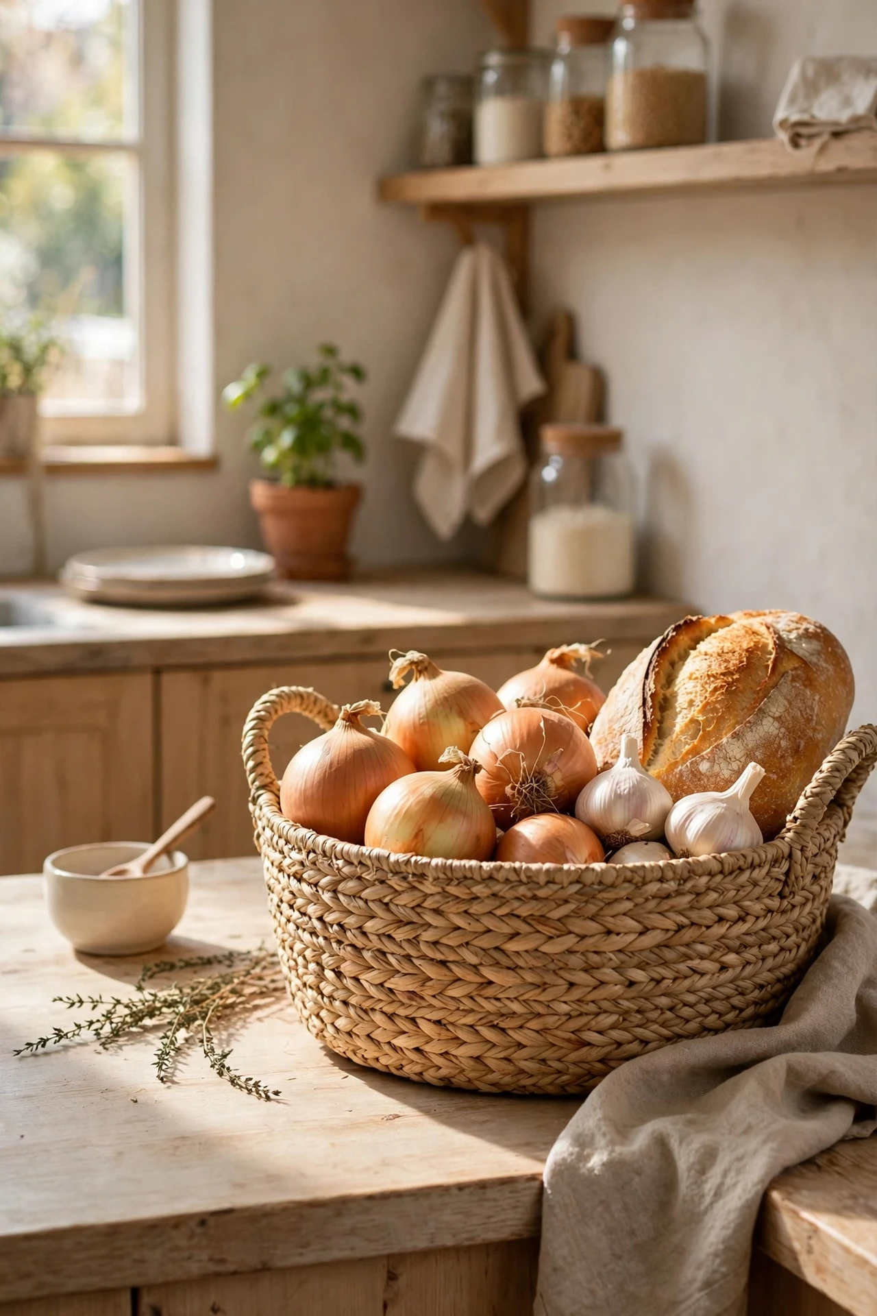 Seagrass basket holding onions and bread on counter