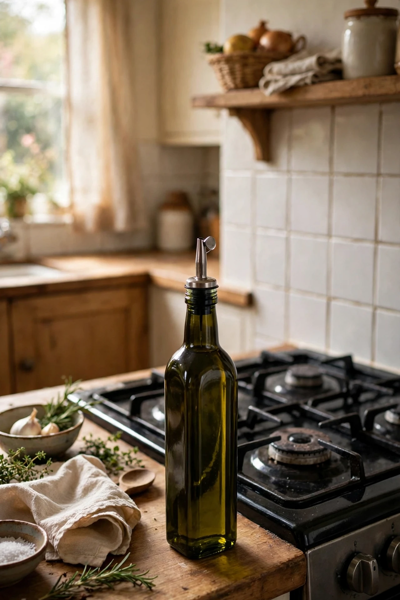 Dark glass olive oil bottle with pour spout by hob