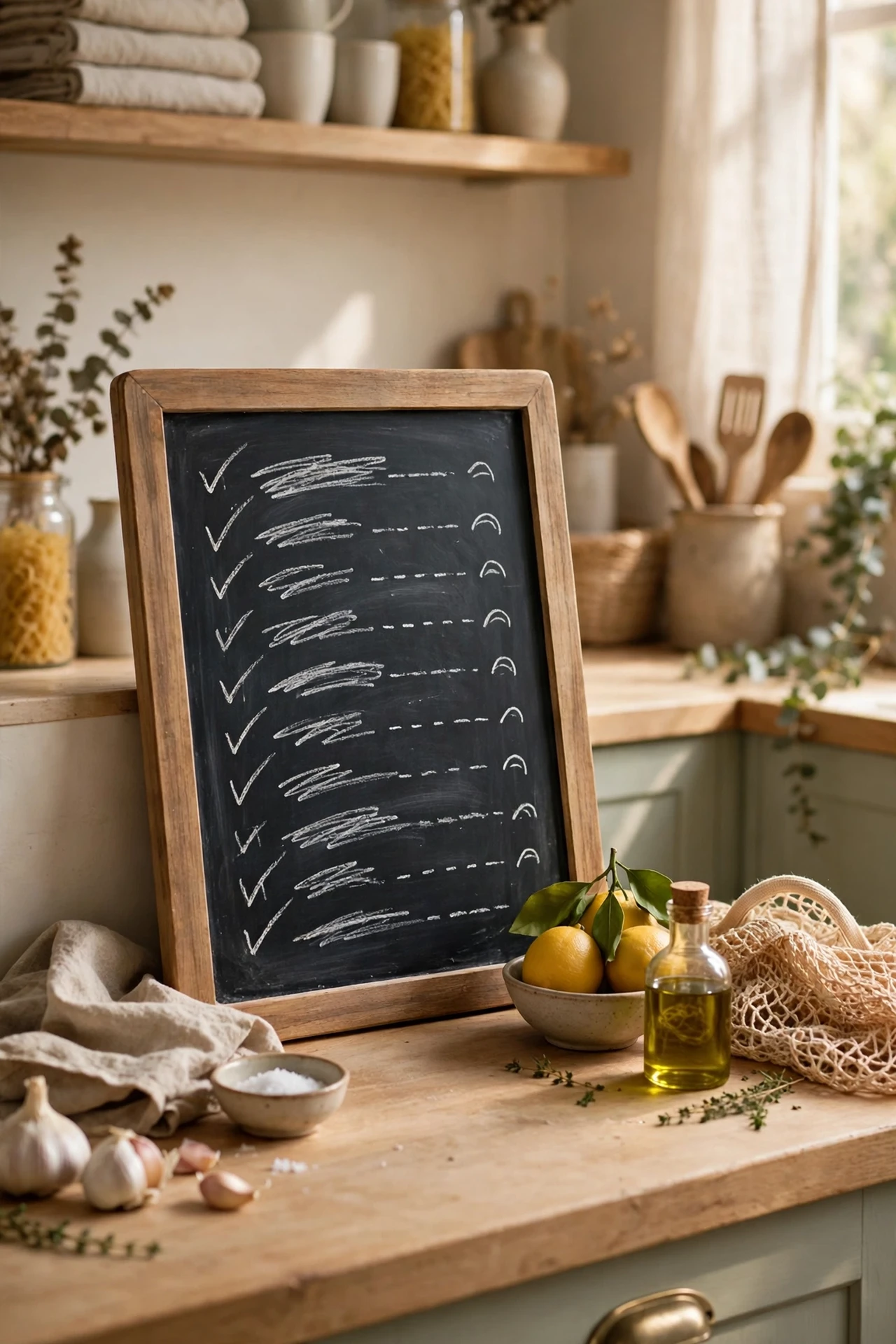 Small chalkboard with shopping list leaning on counter