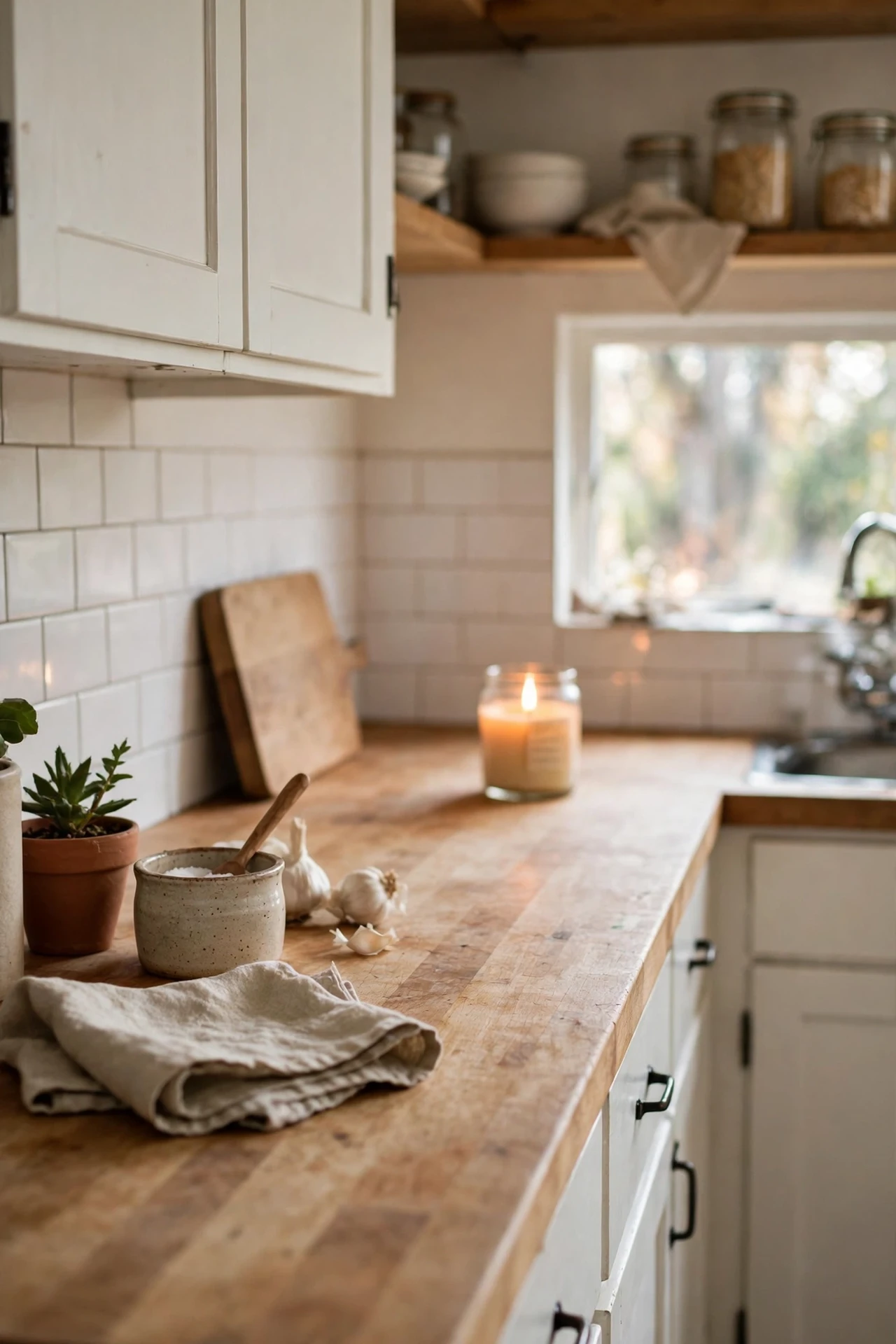 Scented candle at far end of kitchen counter