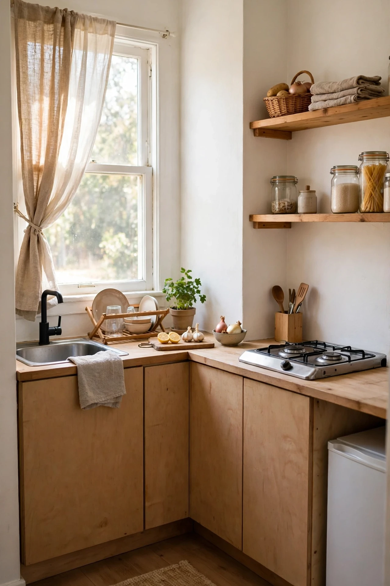 Small kitchen freshly painted in bright warm white colour
