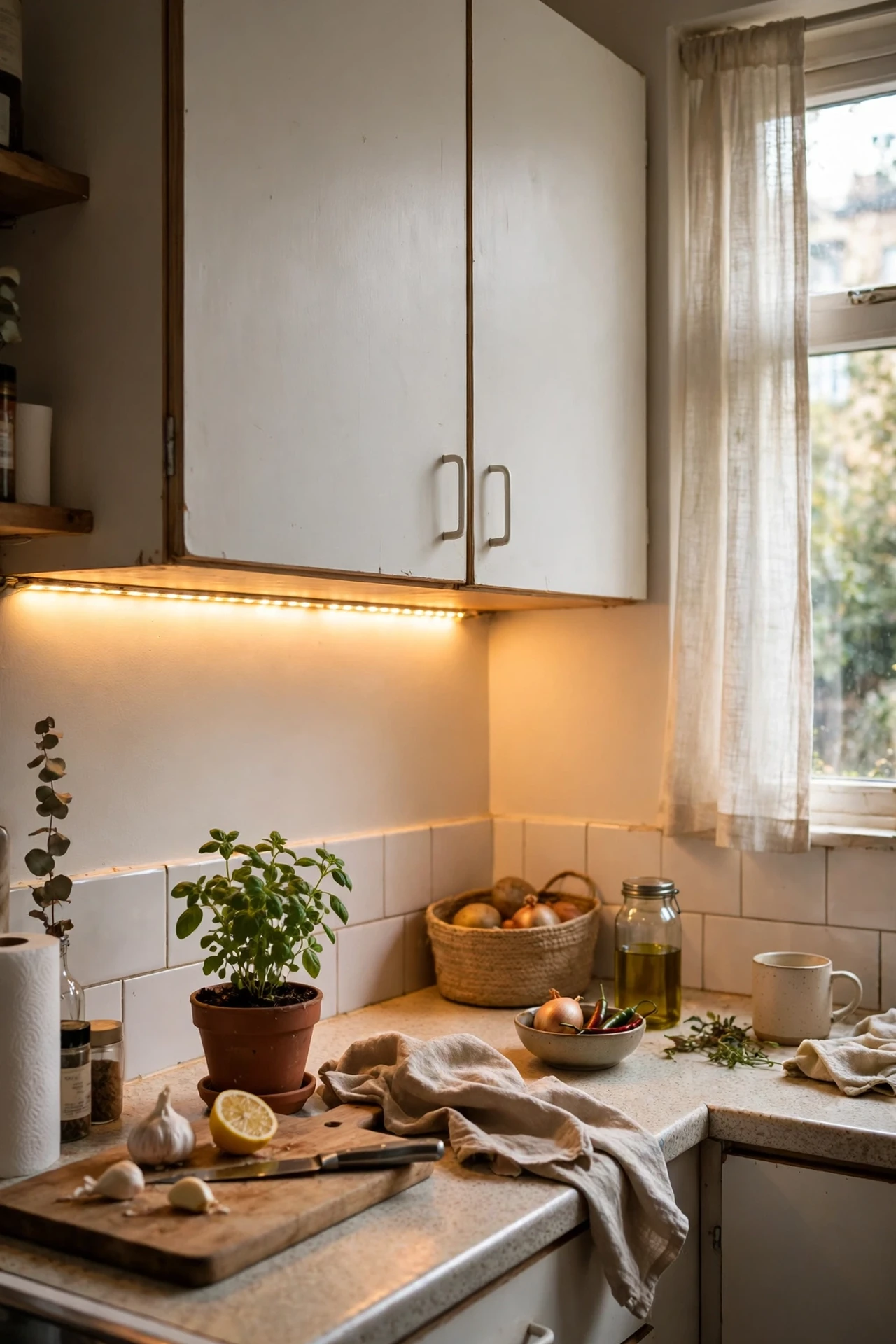 LED strip lighting glowing under small kitchen wall cabinets