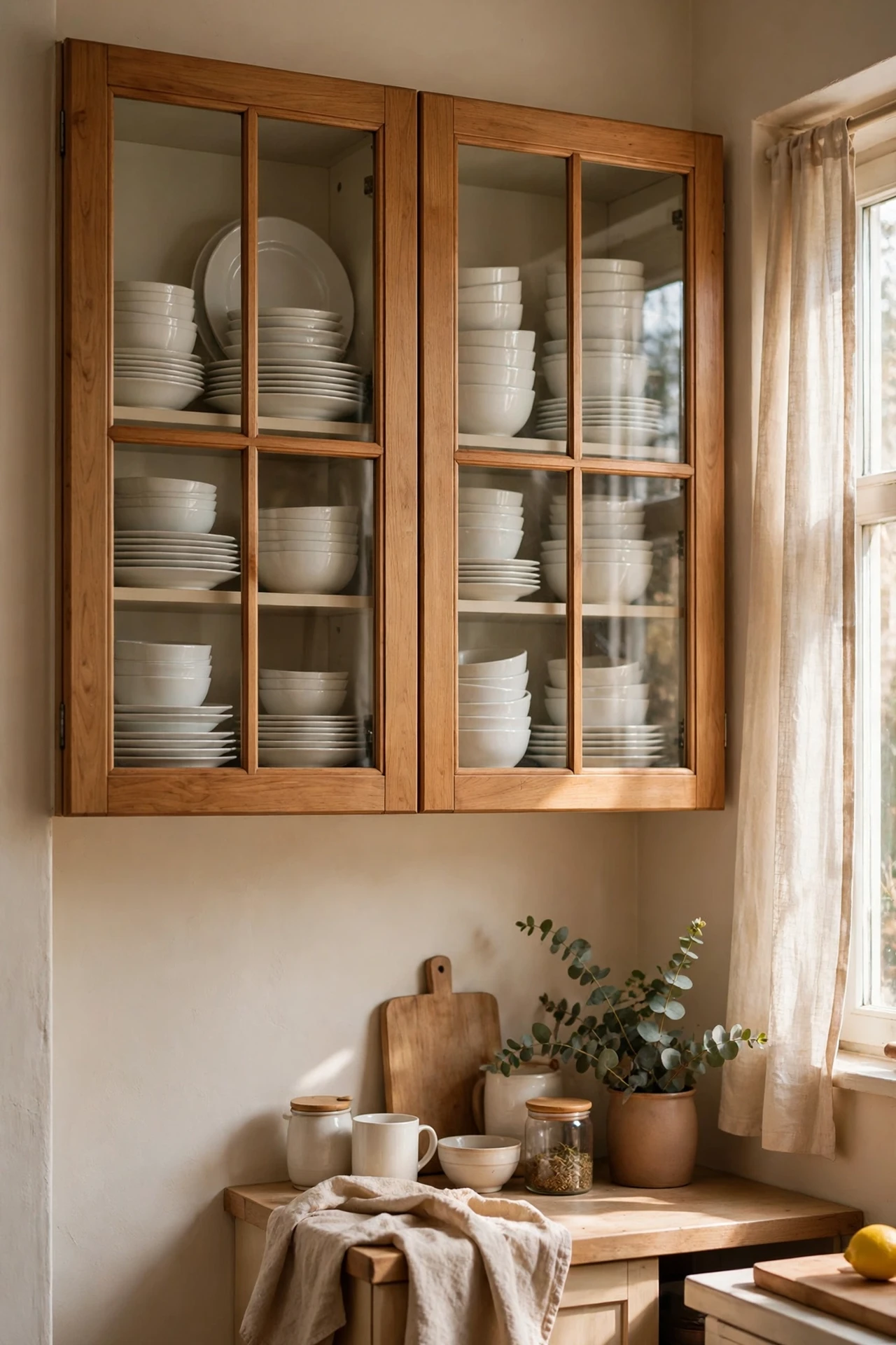 Glass fronted kitchen cabinets displaying neat white crockery
