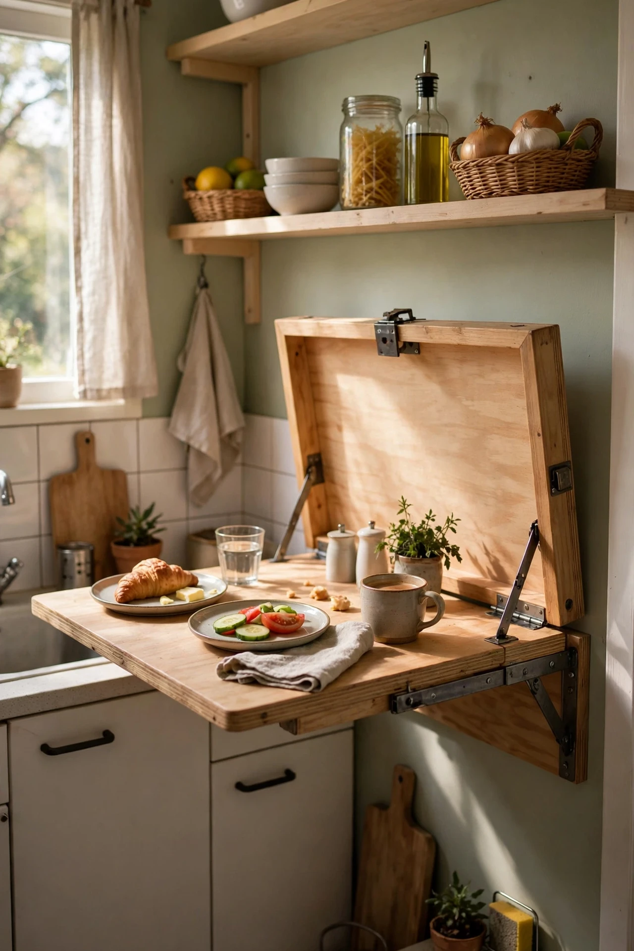 Fold-down wall table raised in a tiny kitchen
