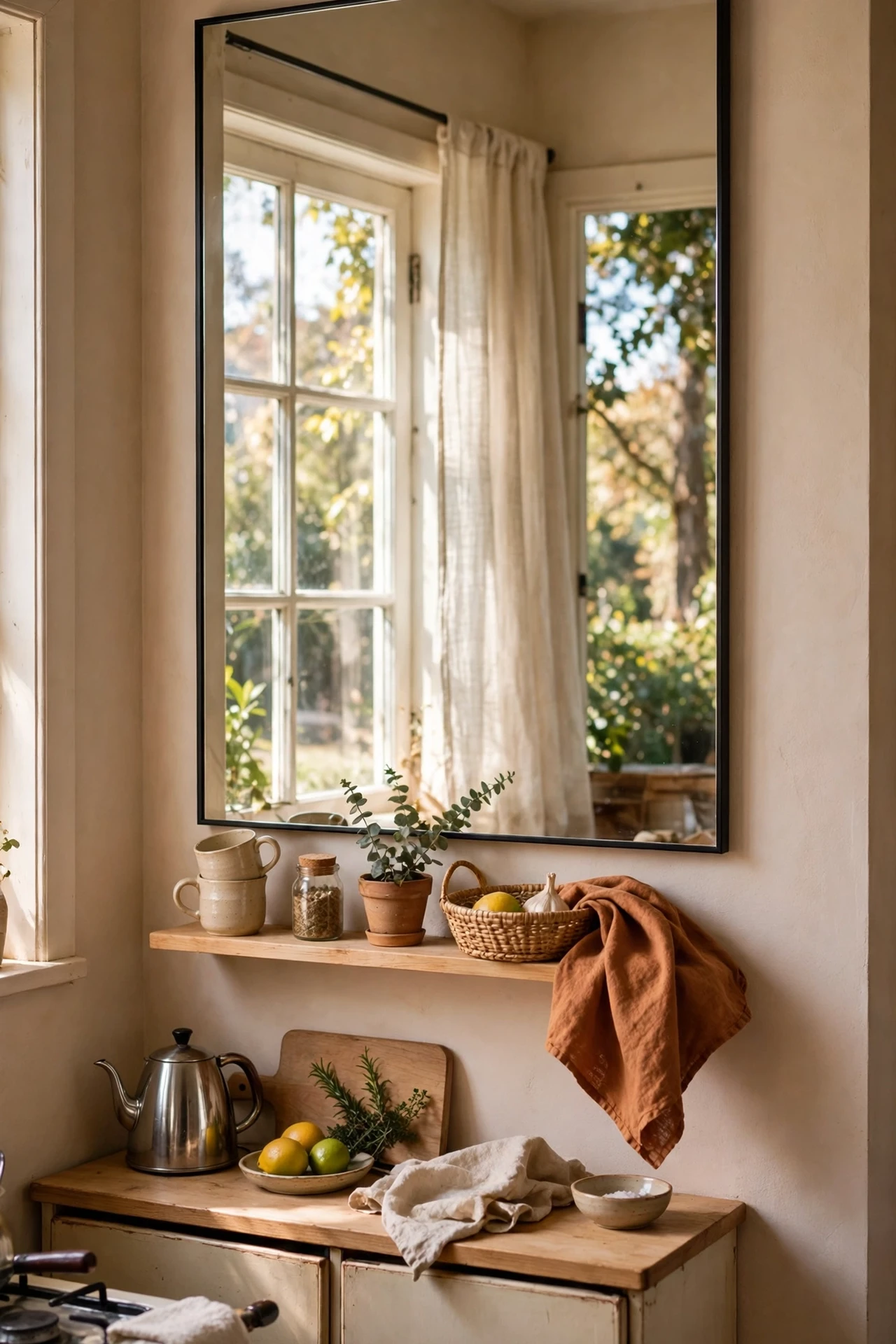 Large slim framed mirror reflecting window in small kitchen