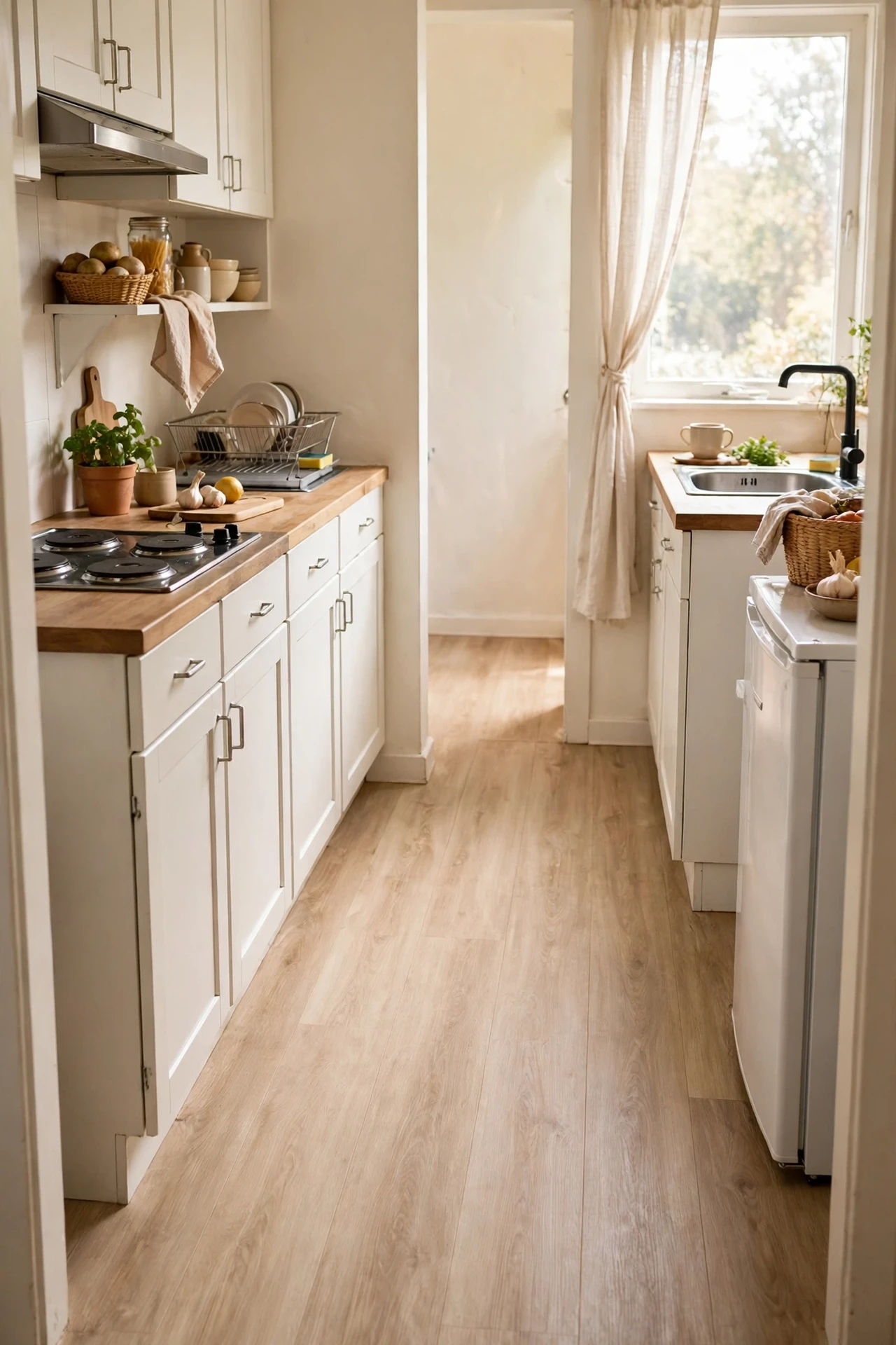 Continuous light wood vinyl flooring through a small kitchen