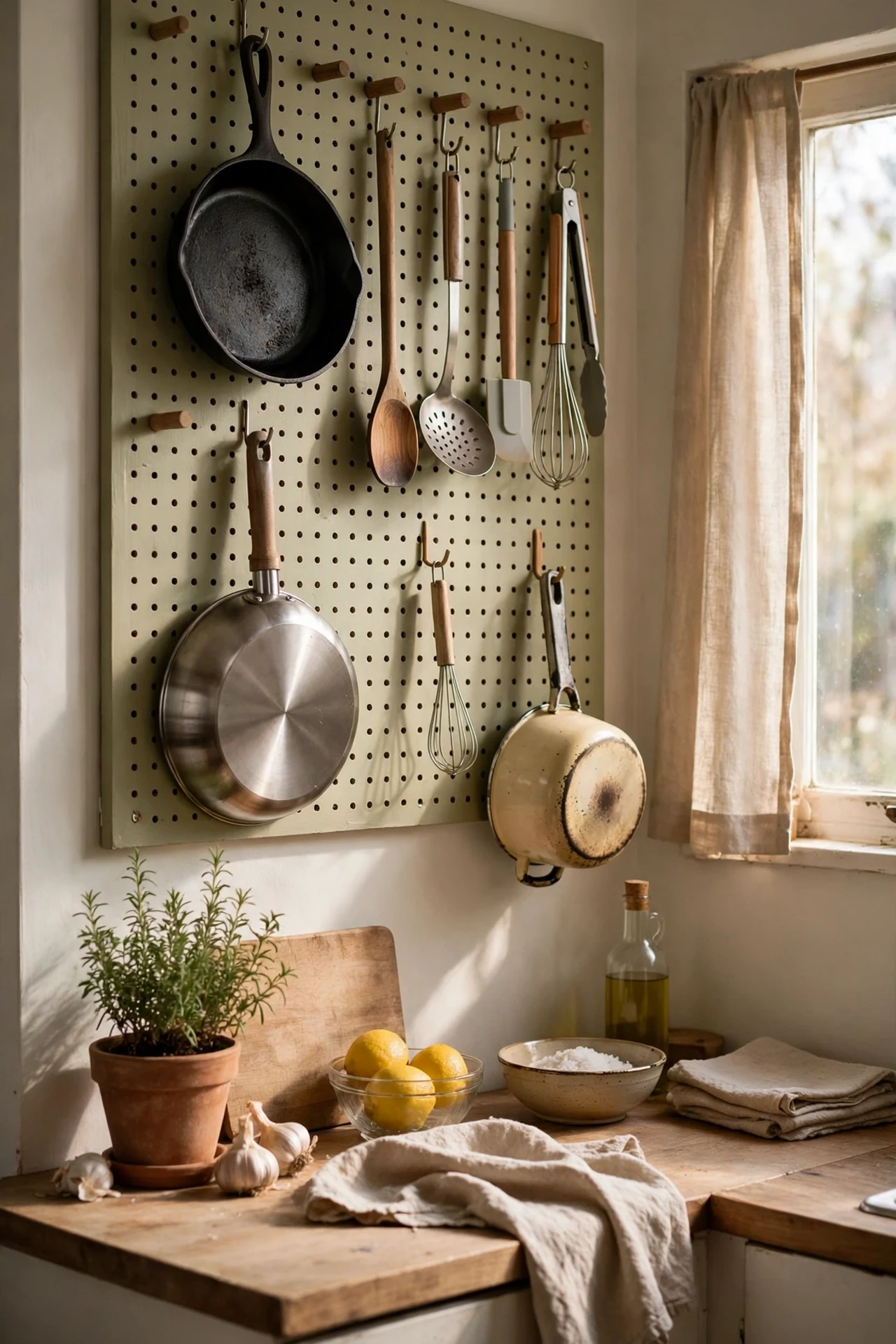 Painted pegboard with hanging pots and pans on kitchen wall
