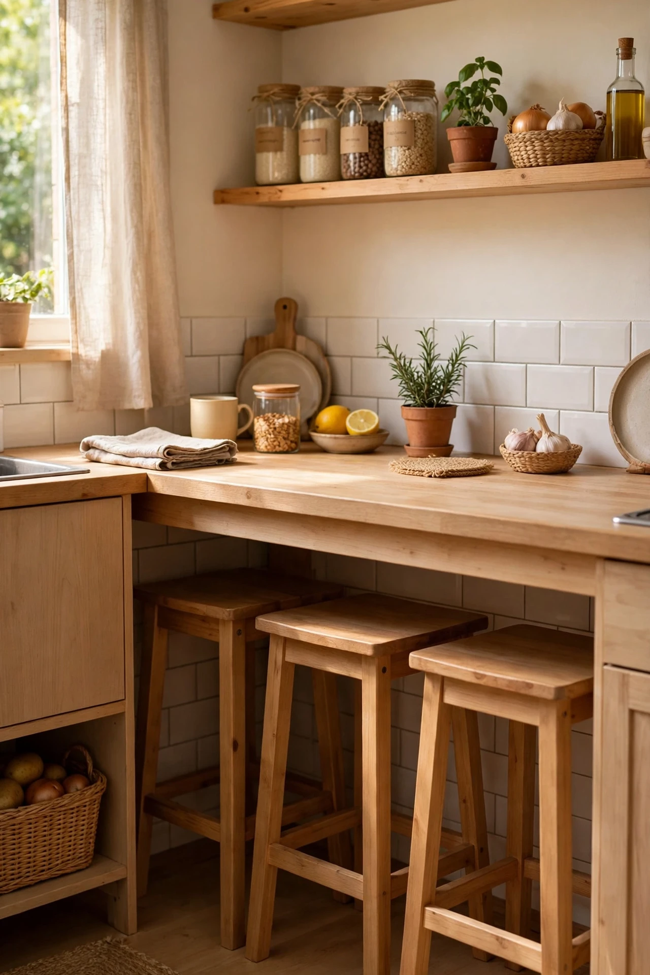 Backless bar stools tucked fully under kitchen counter