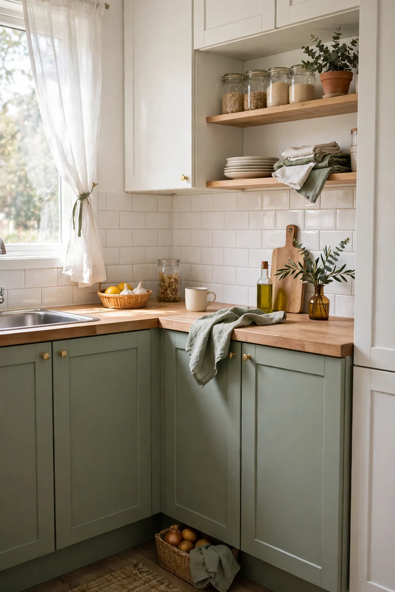 Small kitchen in calm white and sage two-colour palette