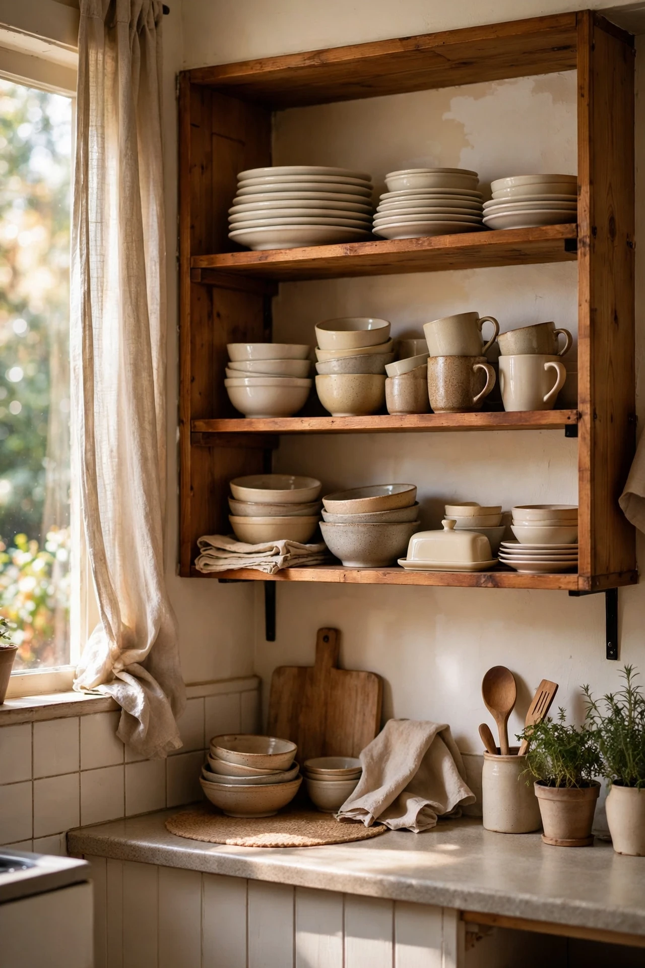 Open wooden shelves replacing a kitchen wall cabinet