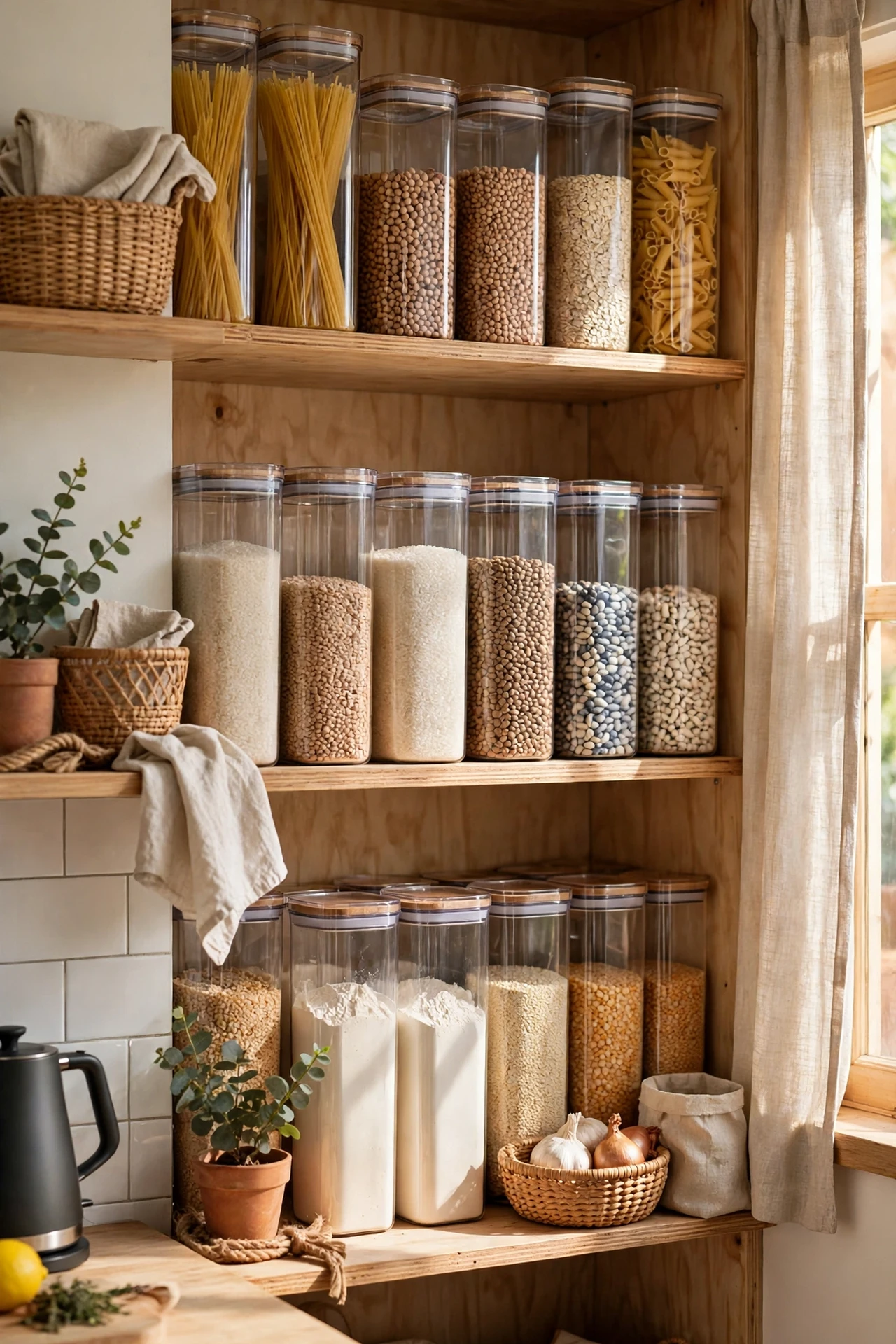 Neat pantry shelves with clear labelled food containers