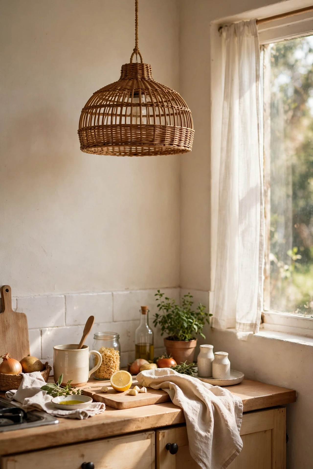 Single rattan pendant light hanging over small kitchen counter