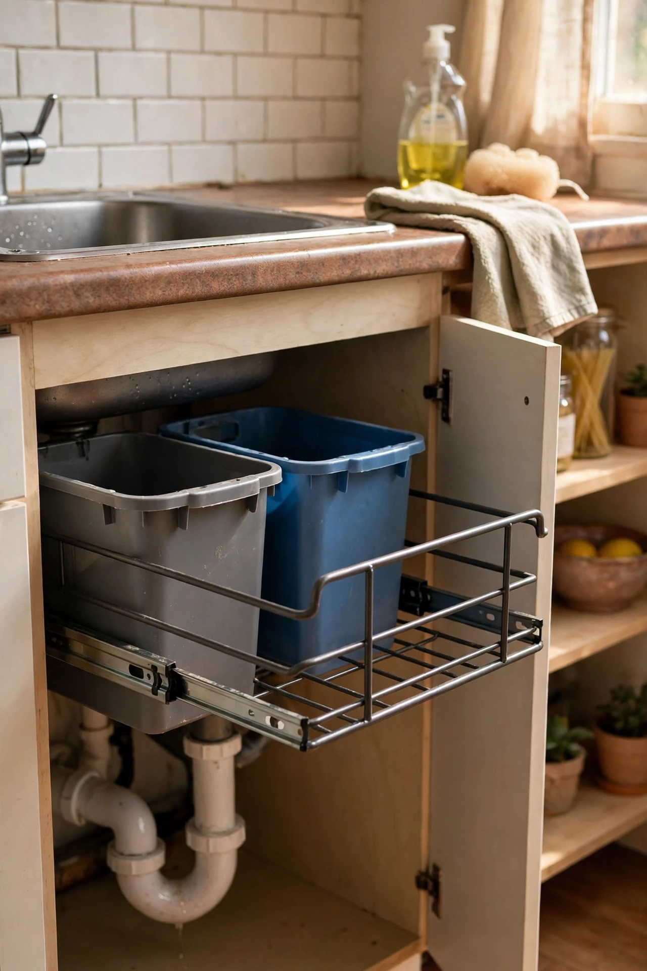 Pull-out bin neatly hidden inside kitchen cabinet