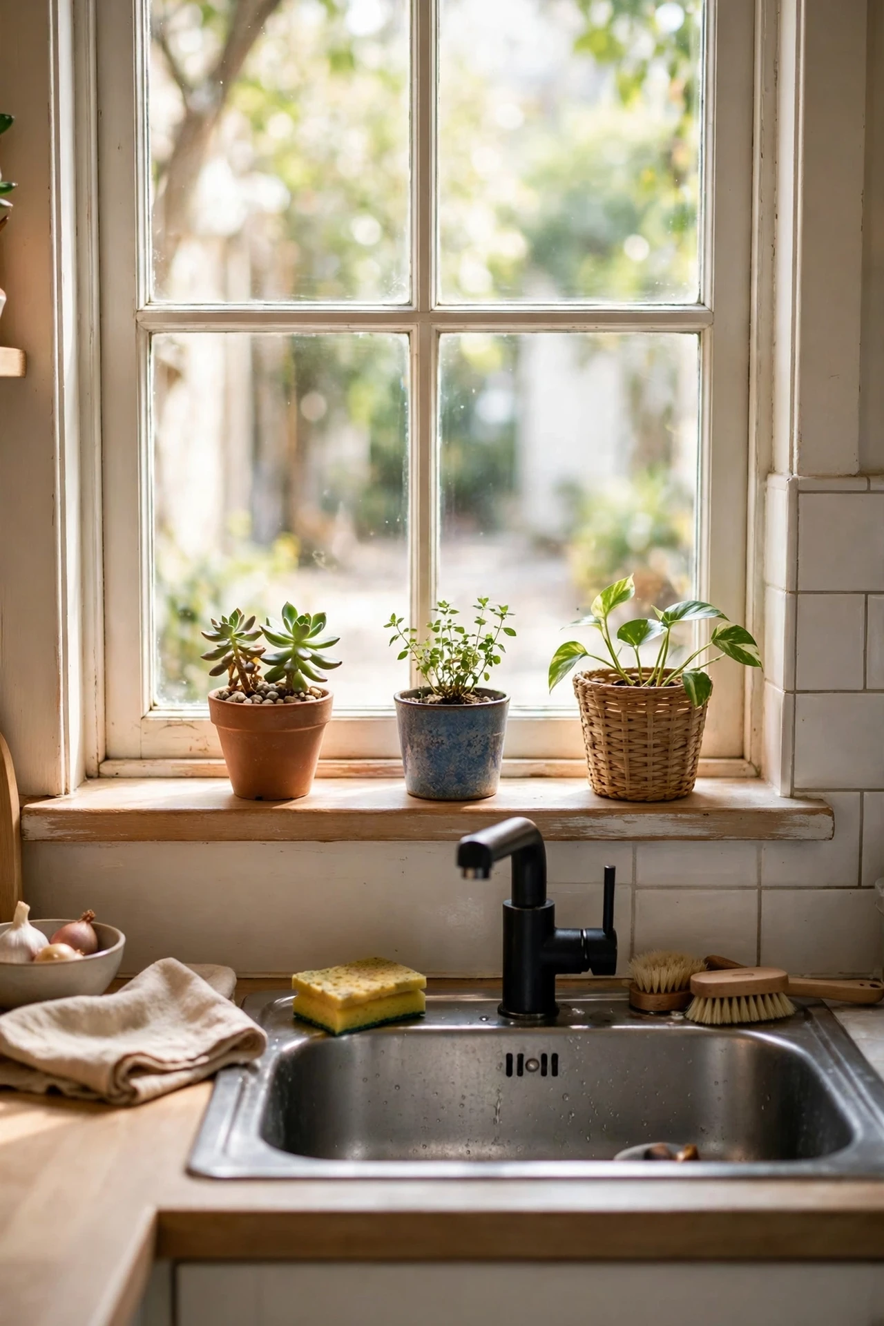 Kitchen windowsill styled with small potted plants