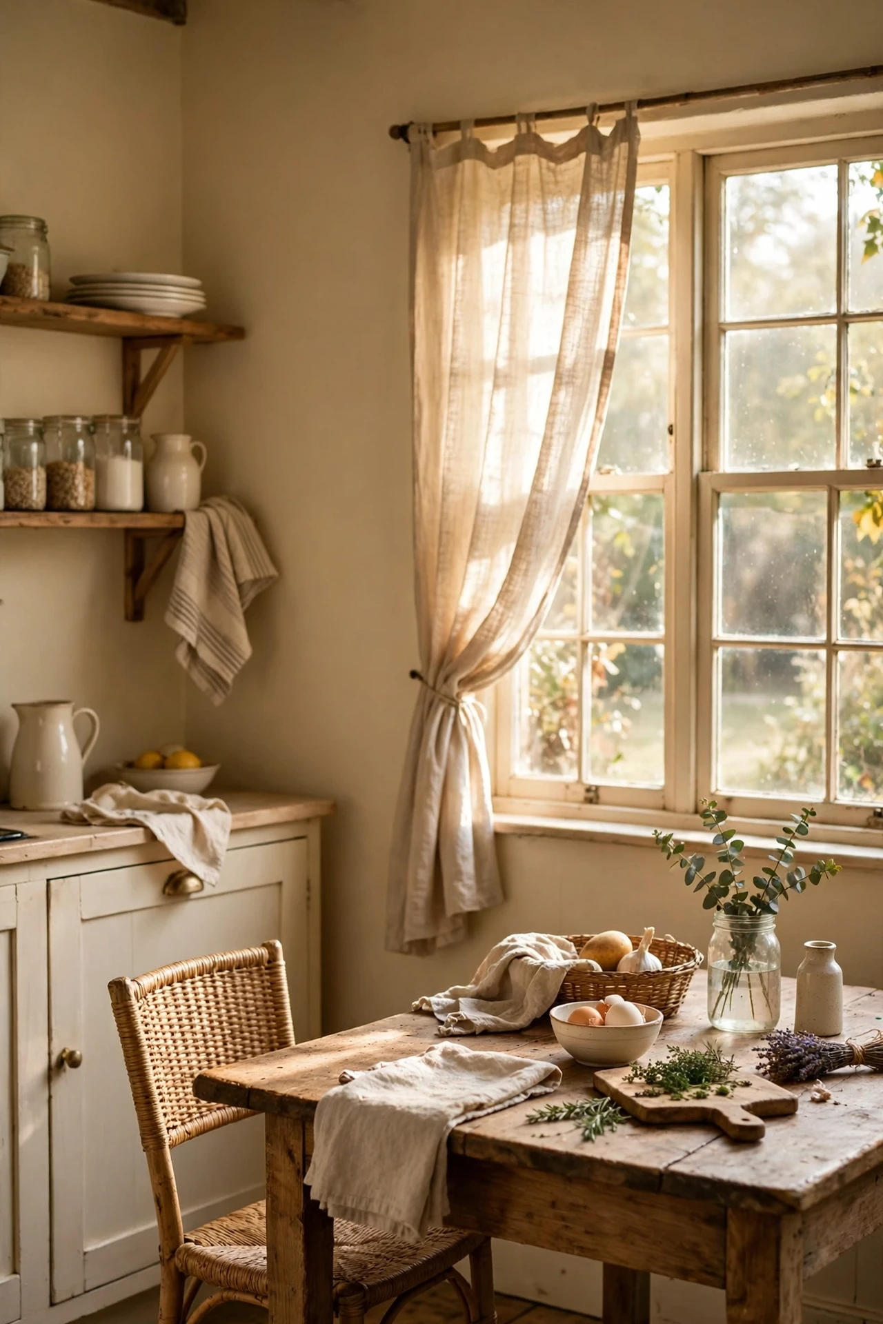 Farmhouse kitchen walls painted warm cream colour