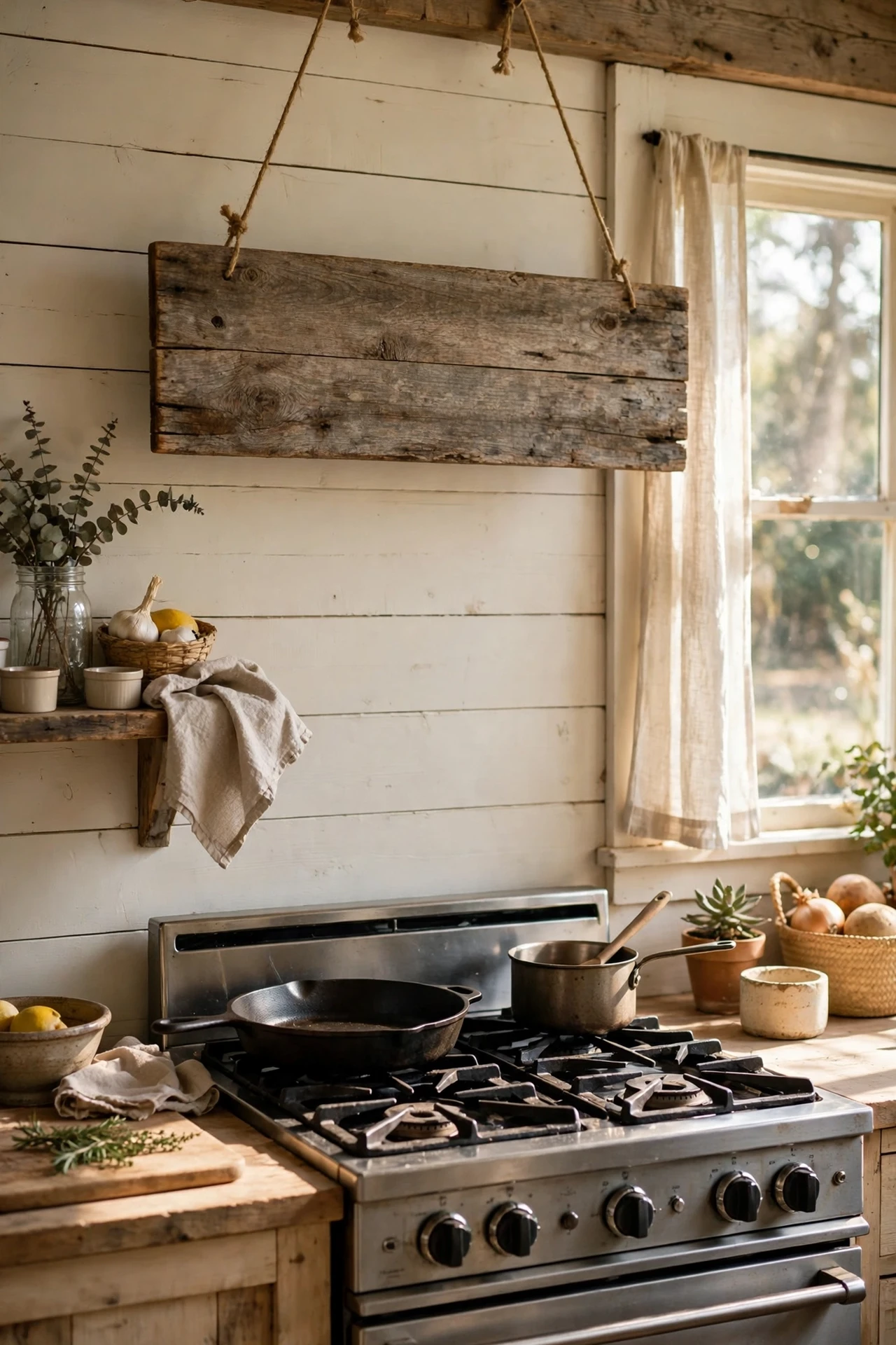 Reclaimed wood GATHER sign above farmhouse cooker