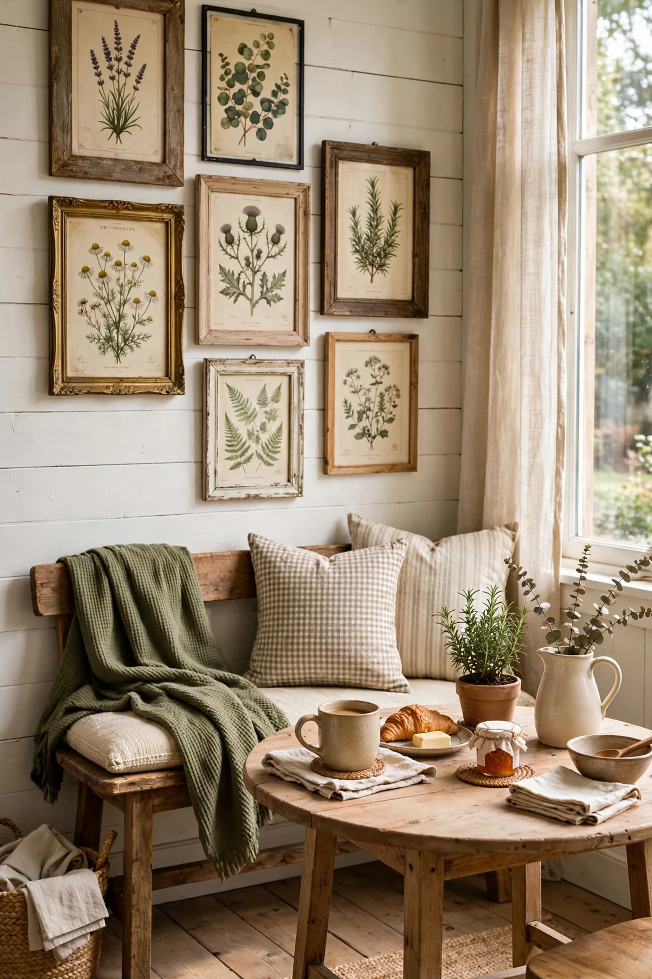 Vintage botanical print gallery wall above nook