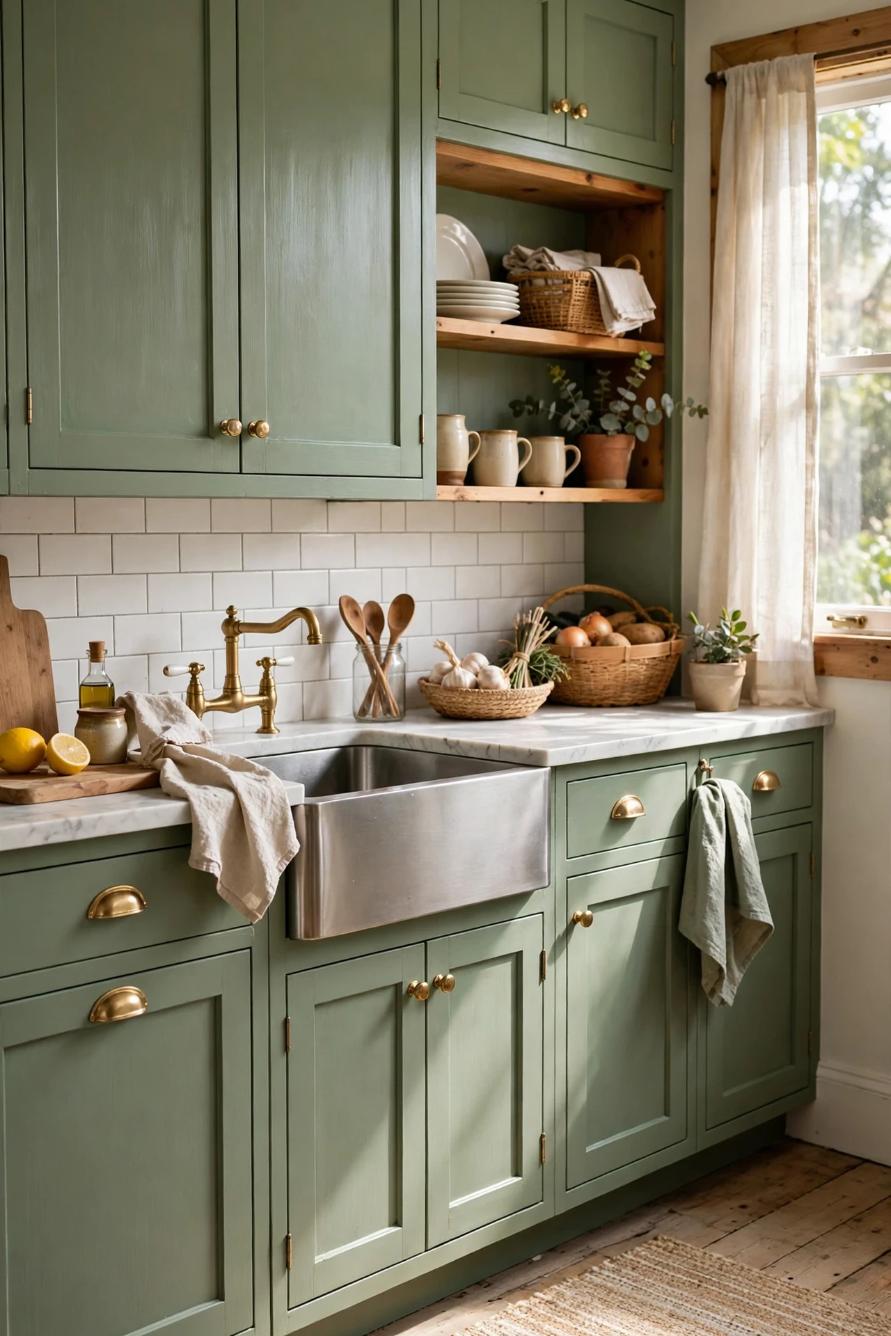 Sage green repainted kitchen cabinets farmhouse style