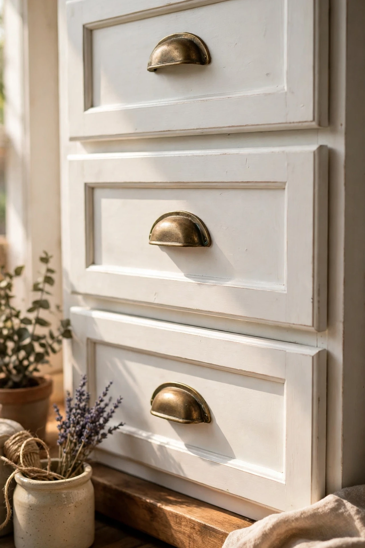 Aged brass bin pulls on farmhouse kitchen drawers