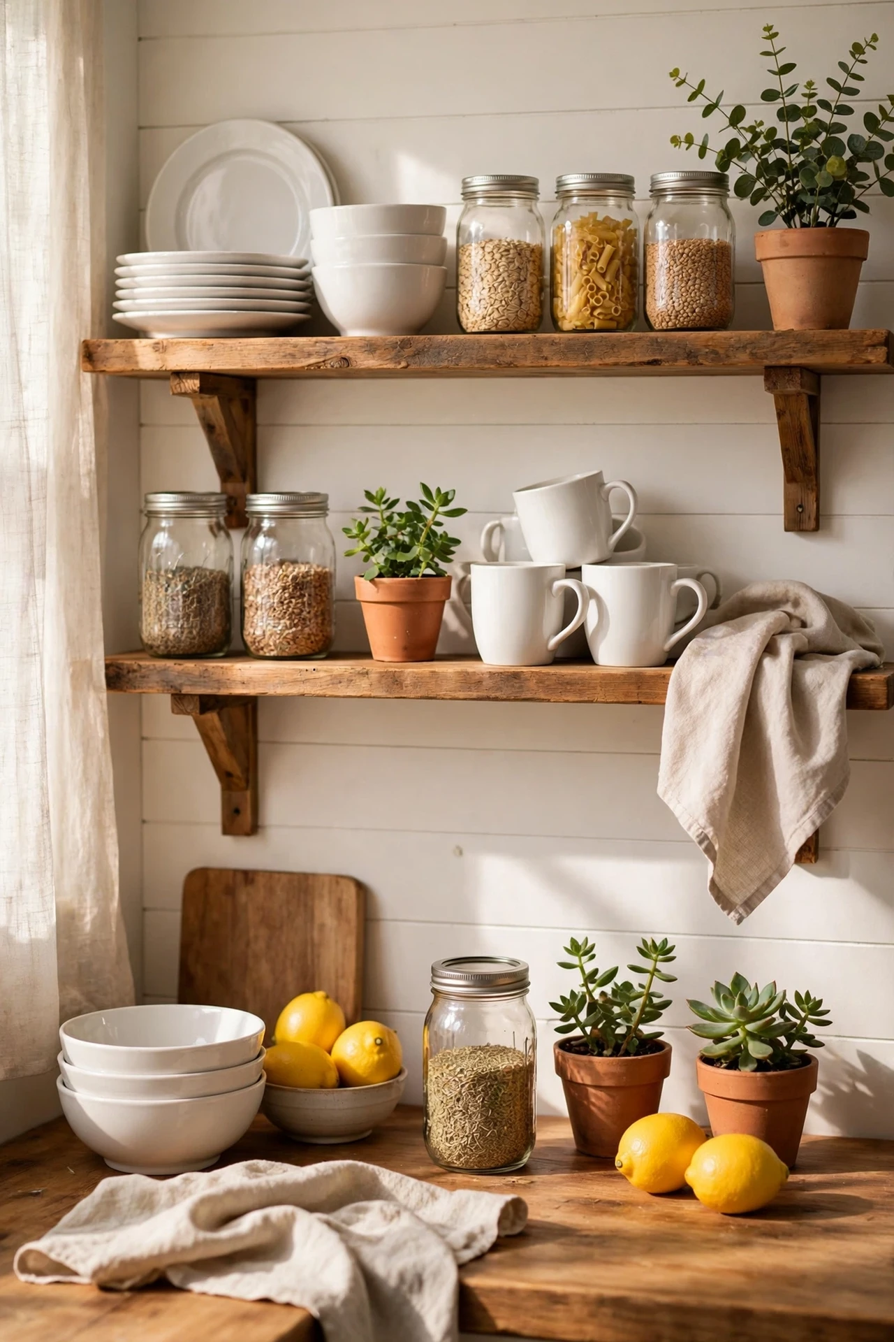 Open kitchen shelves with white crockery styling