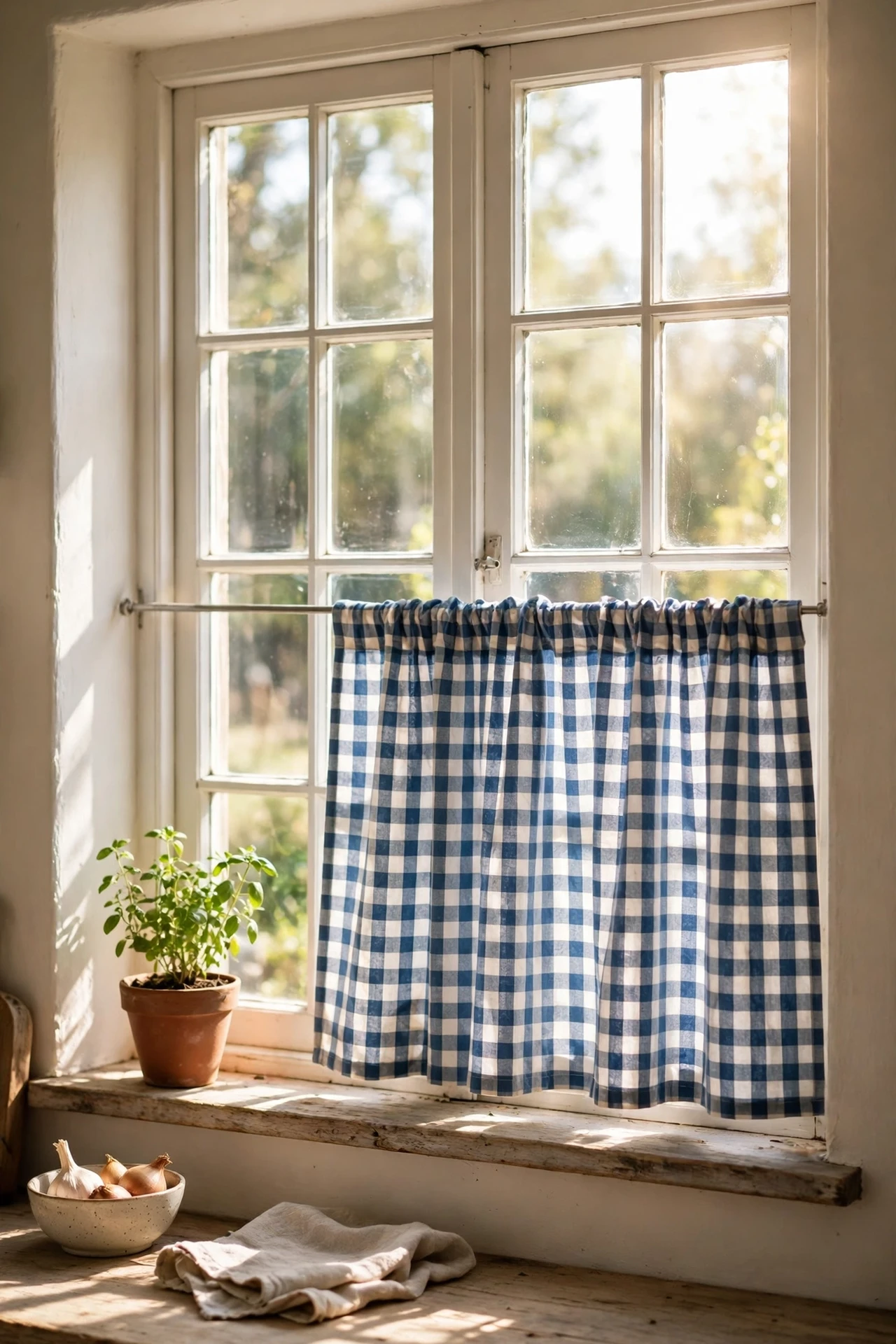 Gingham cafe curtain on kitchen window farmhouse