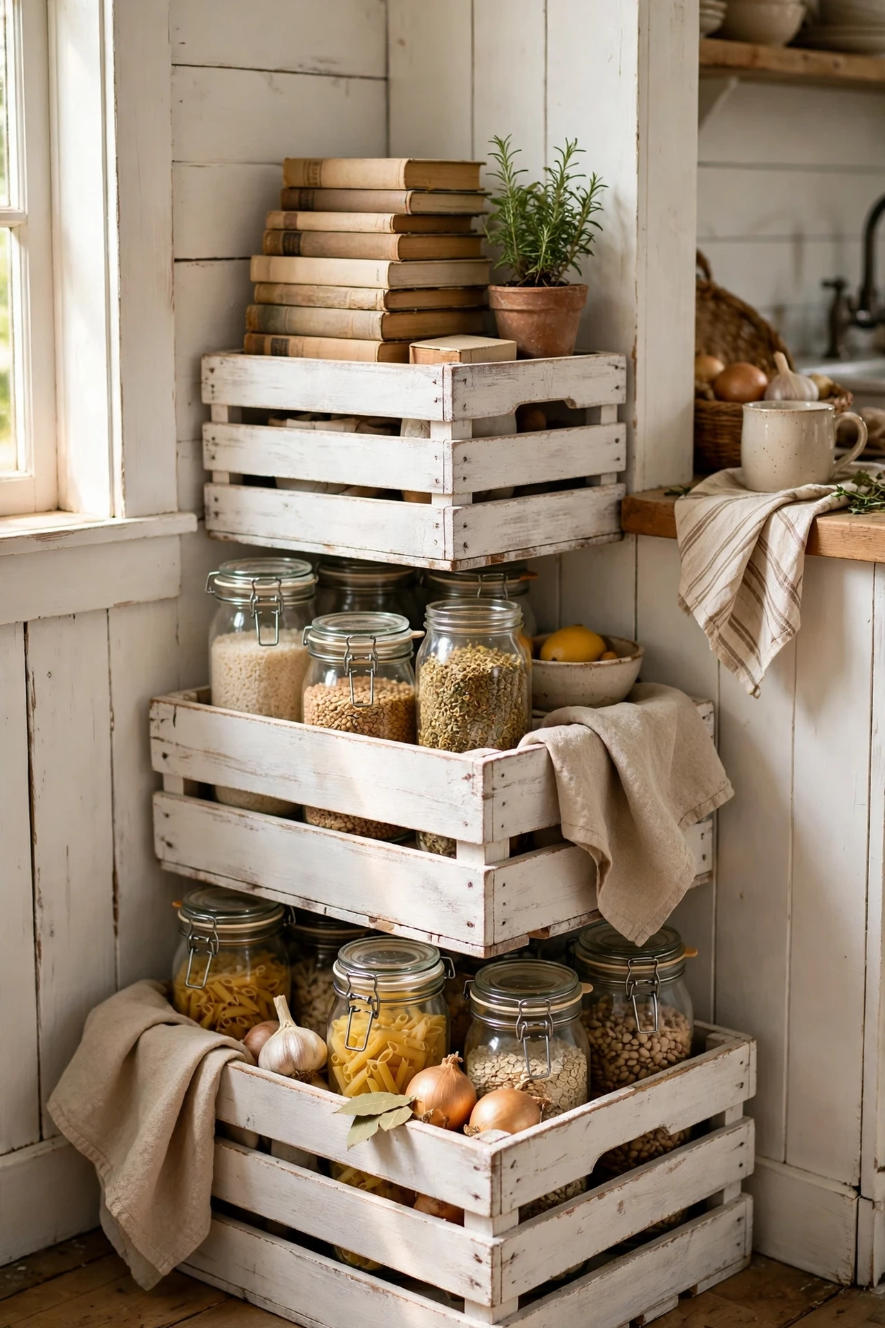 Stacked wooden crates as farmhouse pantry storage