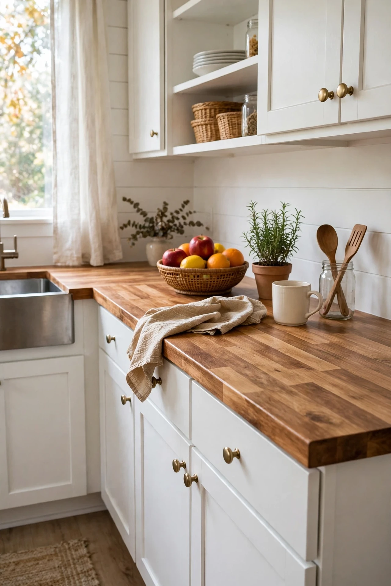 Faux butcher block film on kitchen countertops