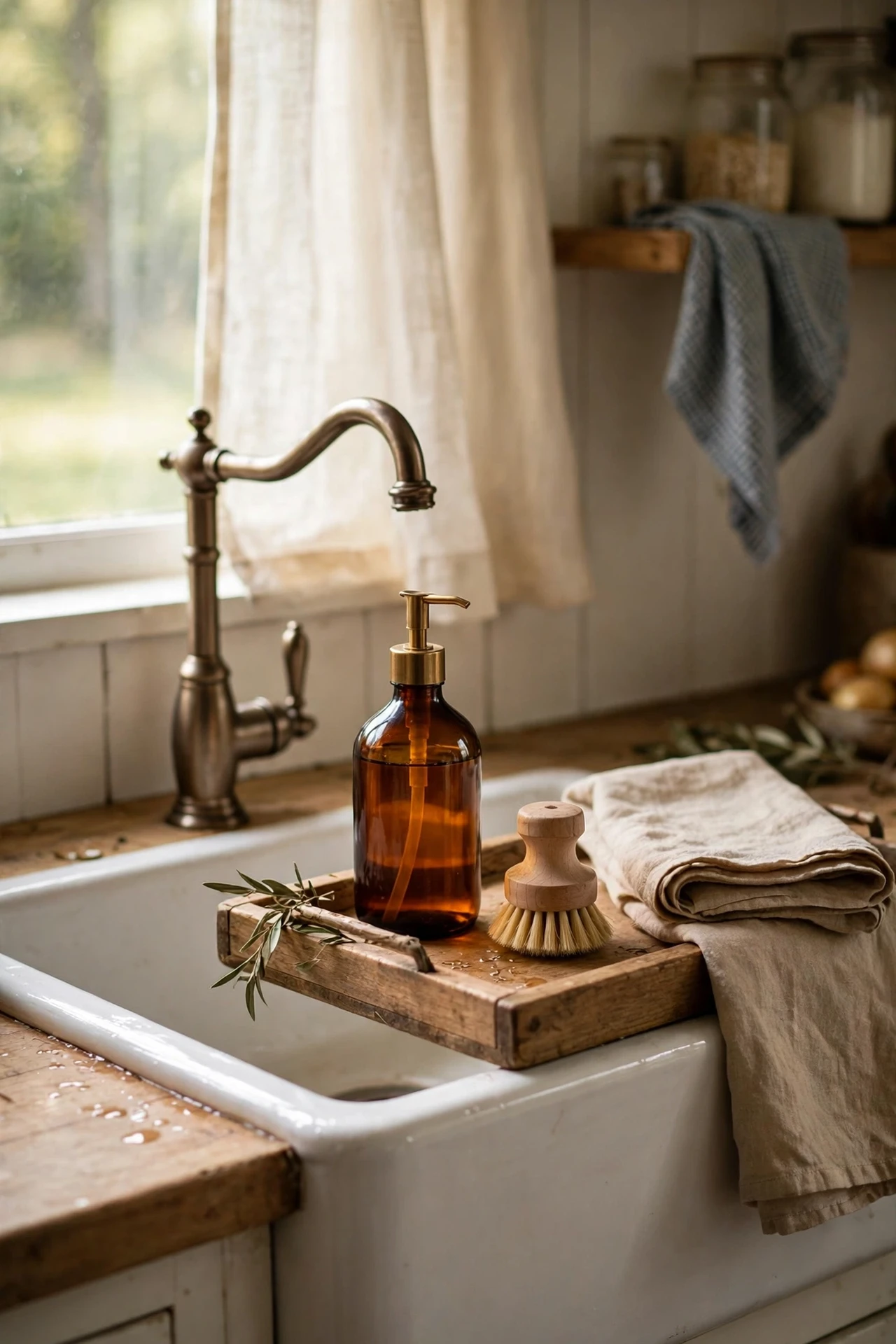Wooden tray with soap and brush at kitchen sink