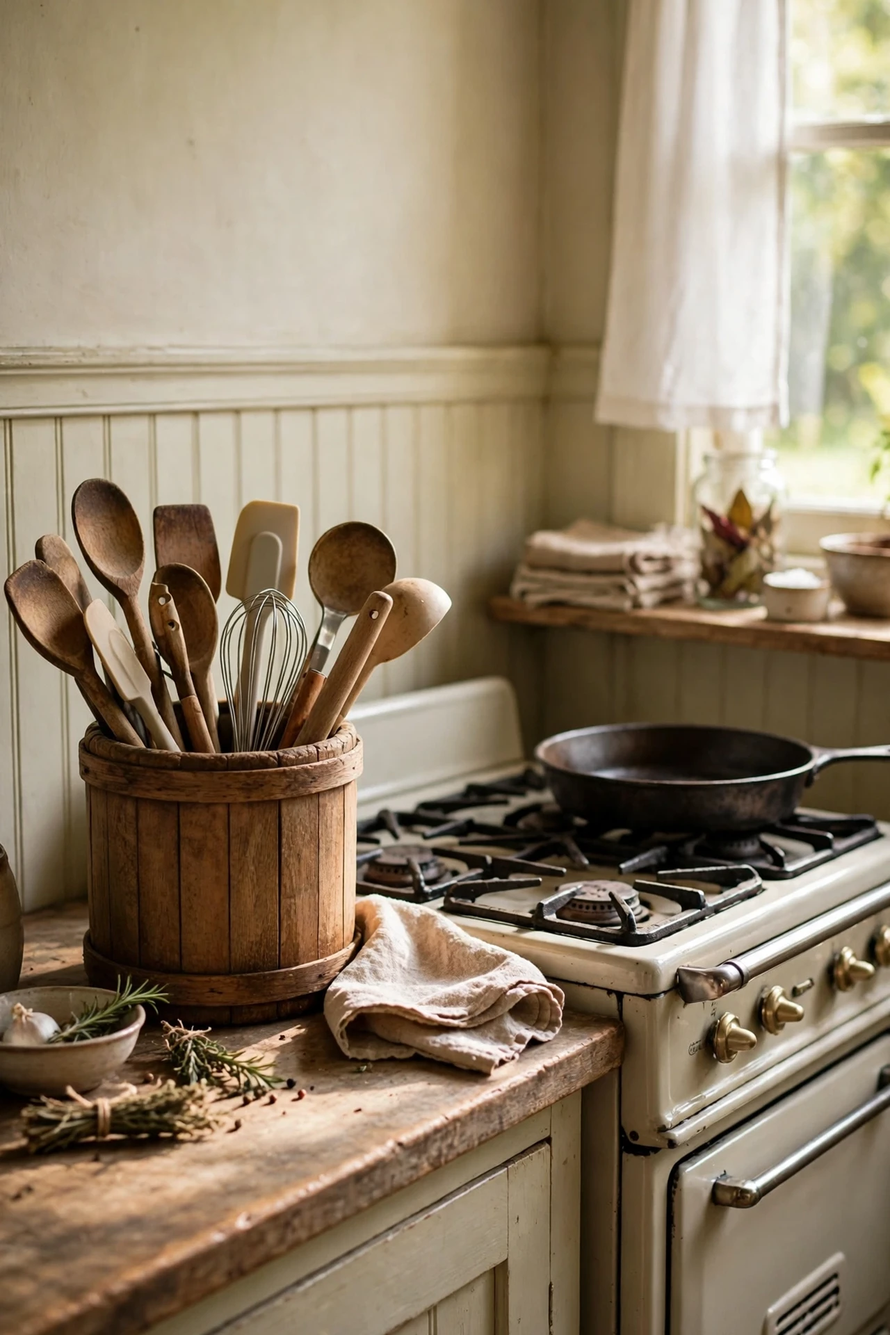 Wooden utensil crock beside farmhouse cooker