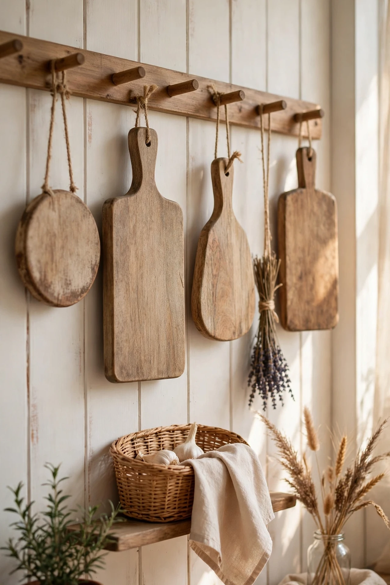 Wooden cutting boards displayed on kitchen wall