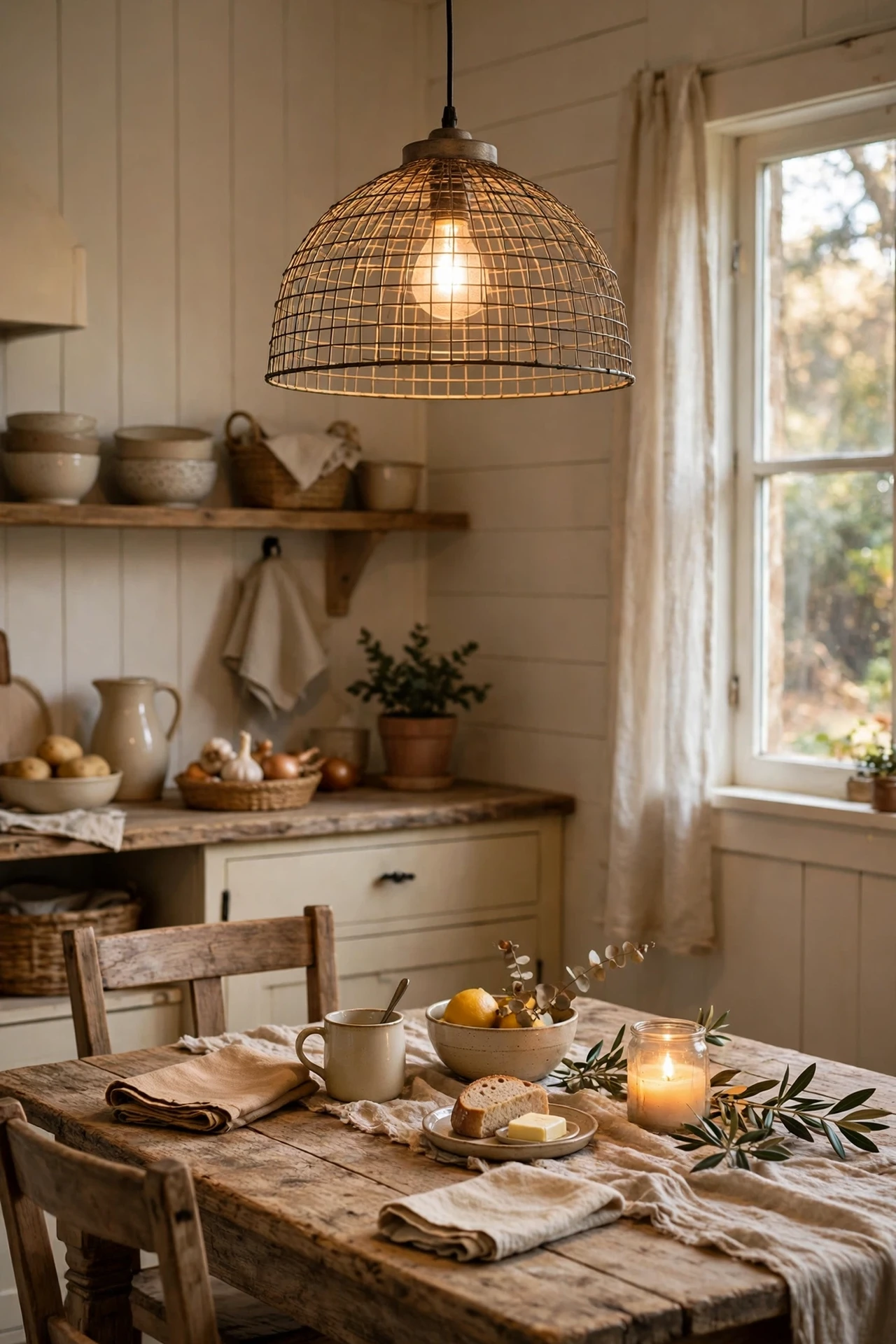Wire basket pendant light over farmhouse table