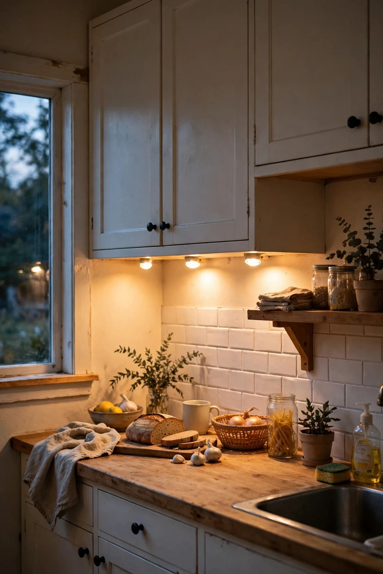 Warm under cabinet puck lights in farmhouse kitchen