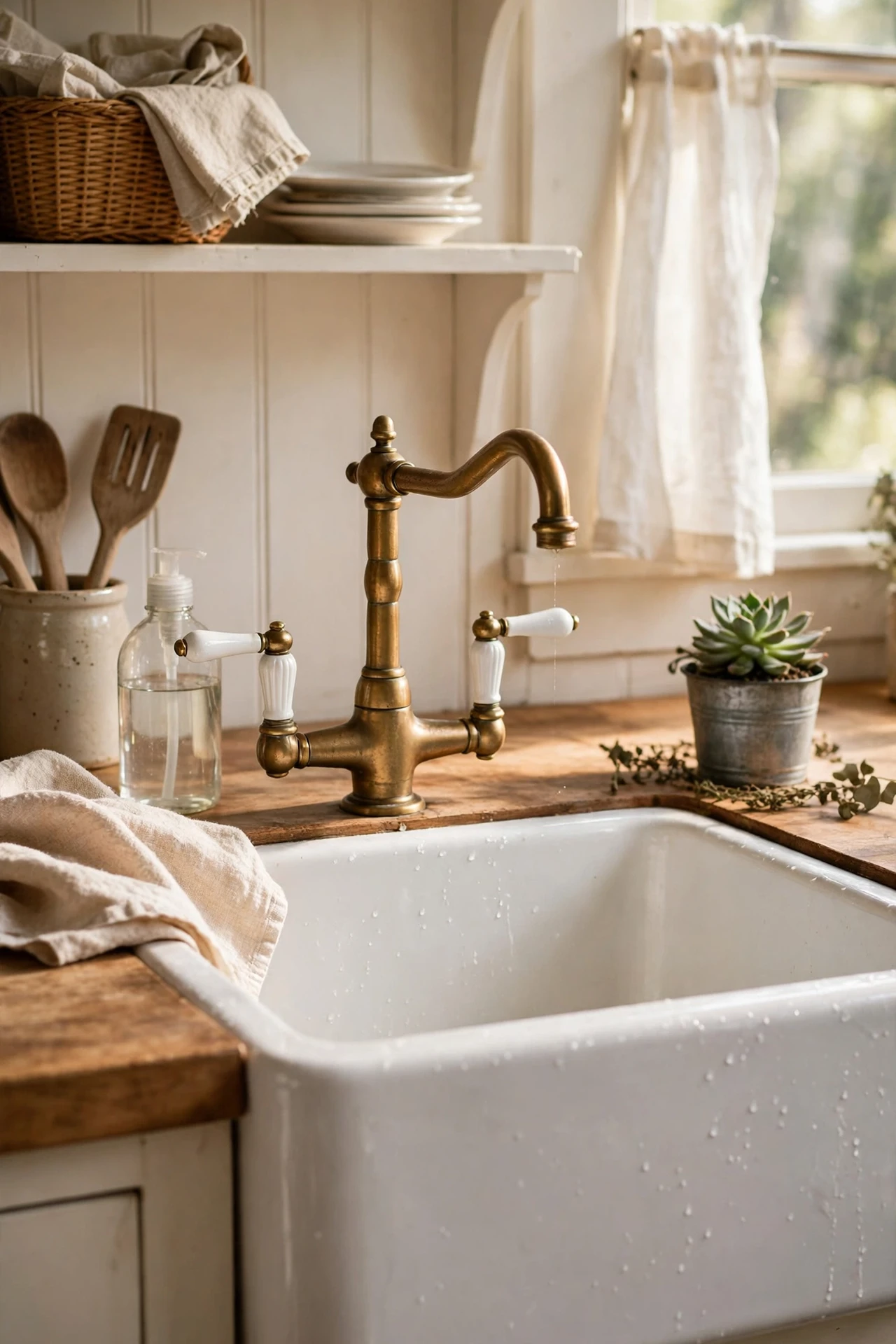 Porcelain tap handles on farmhouse kitchen faucet