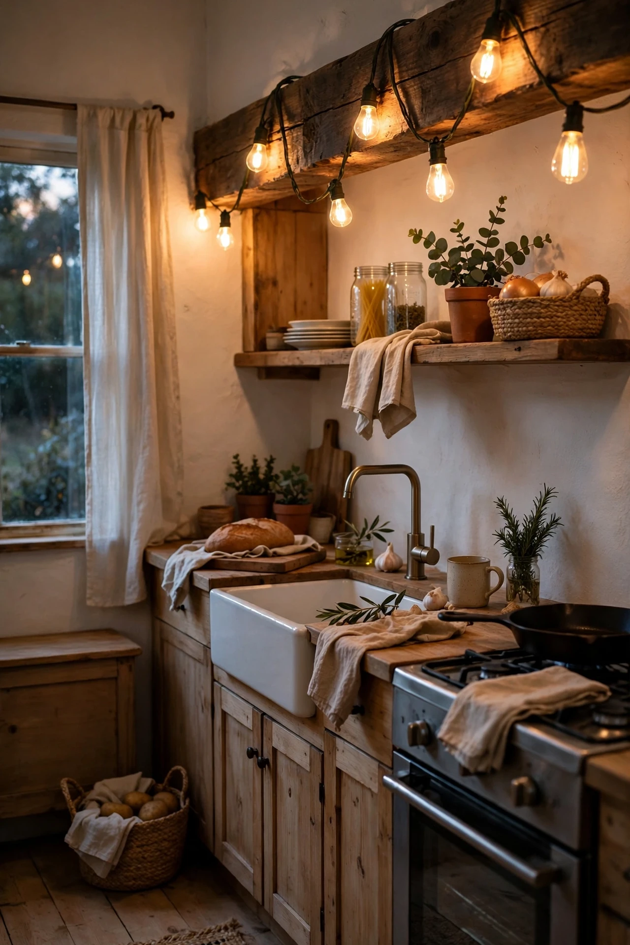 Edison string lights draped in farmhouse kitchen