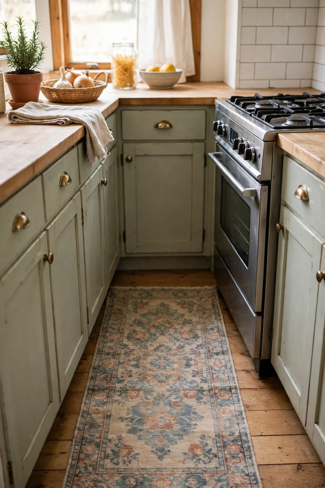 Vintage look washable runner in farmhouse kitchen