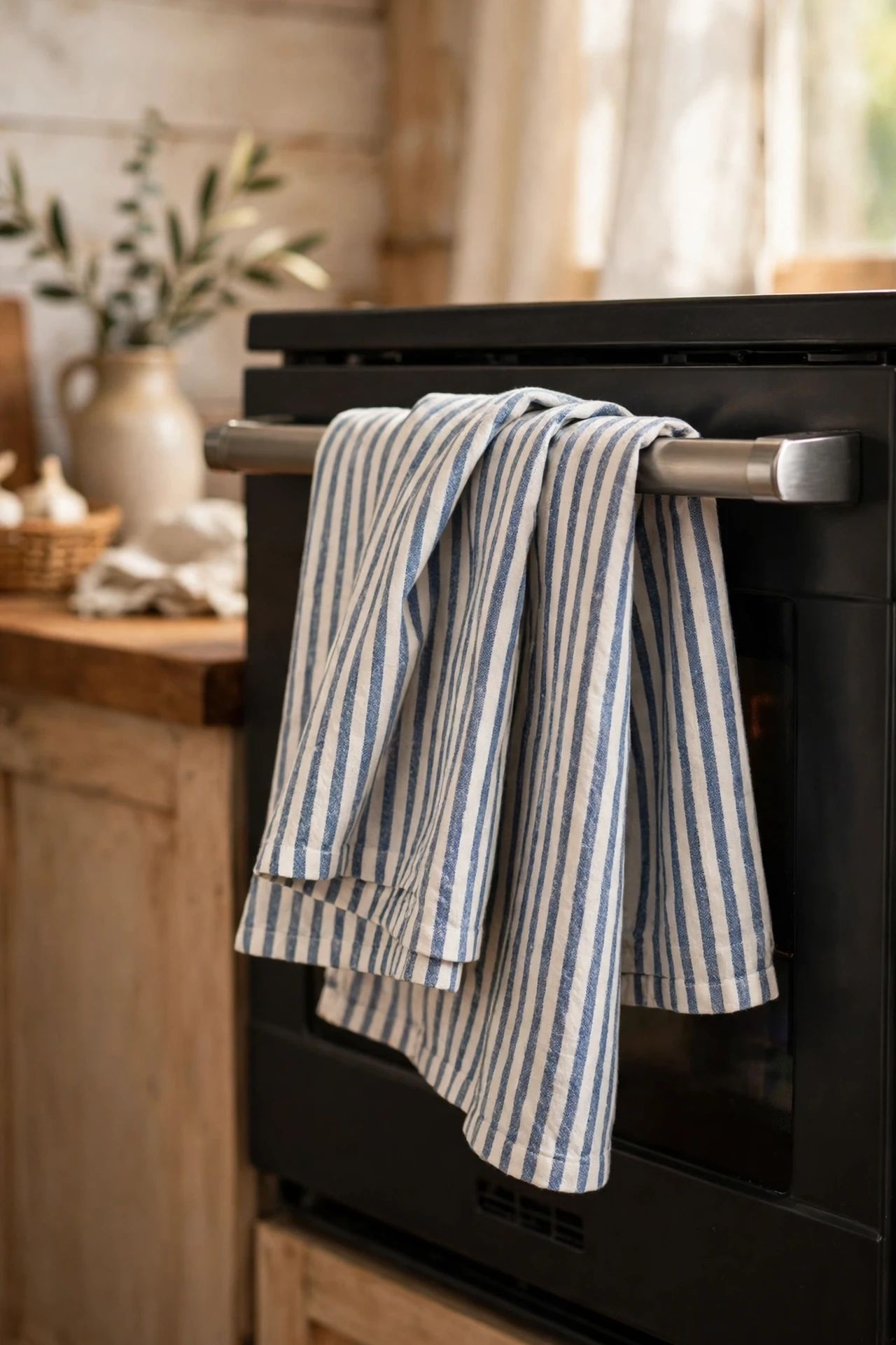 Striped flour sack towels on oven handle farmhouse