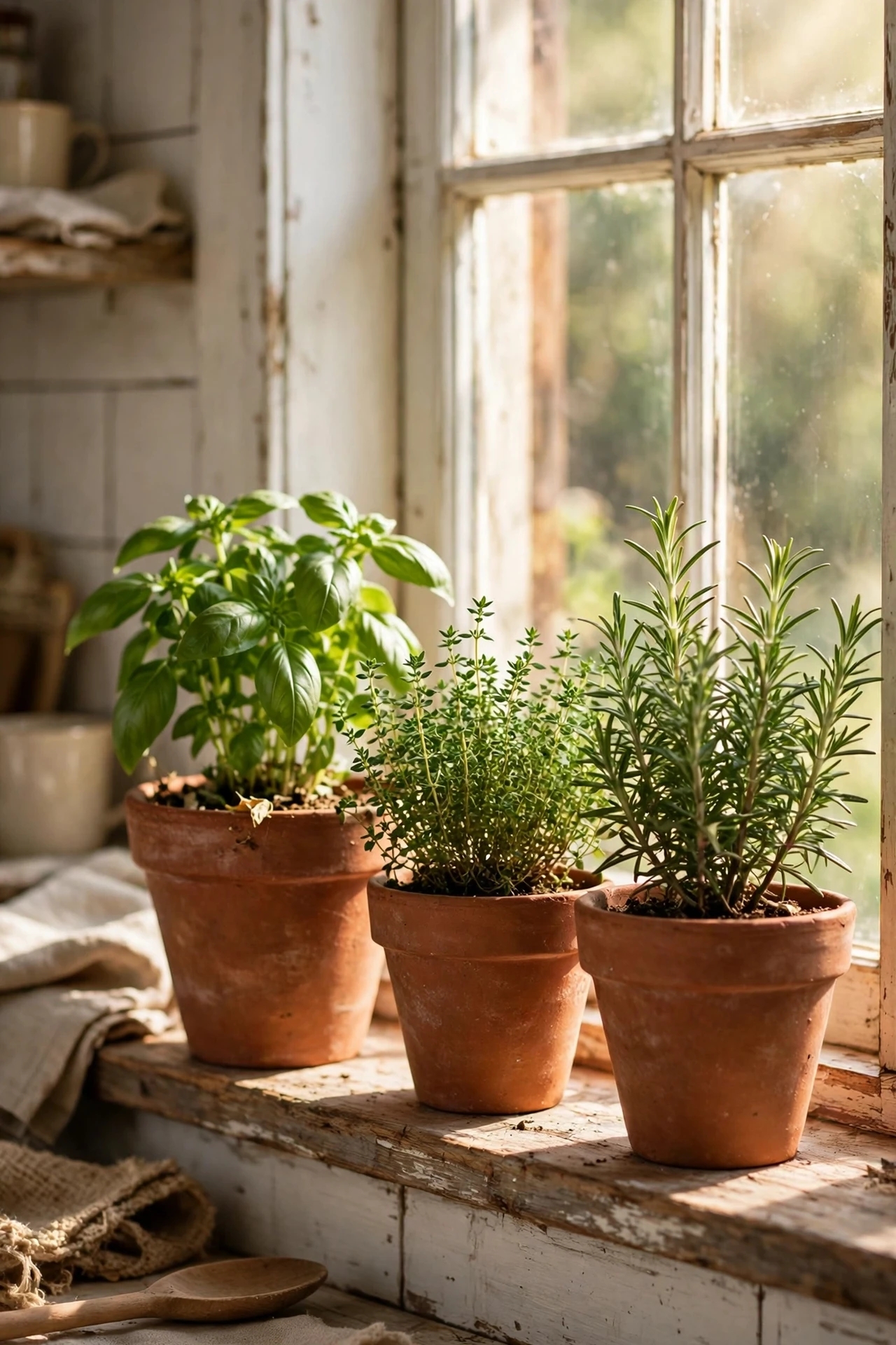 Terracotta herb pots on farmhouse kitchen windowsill
