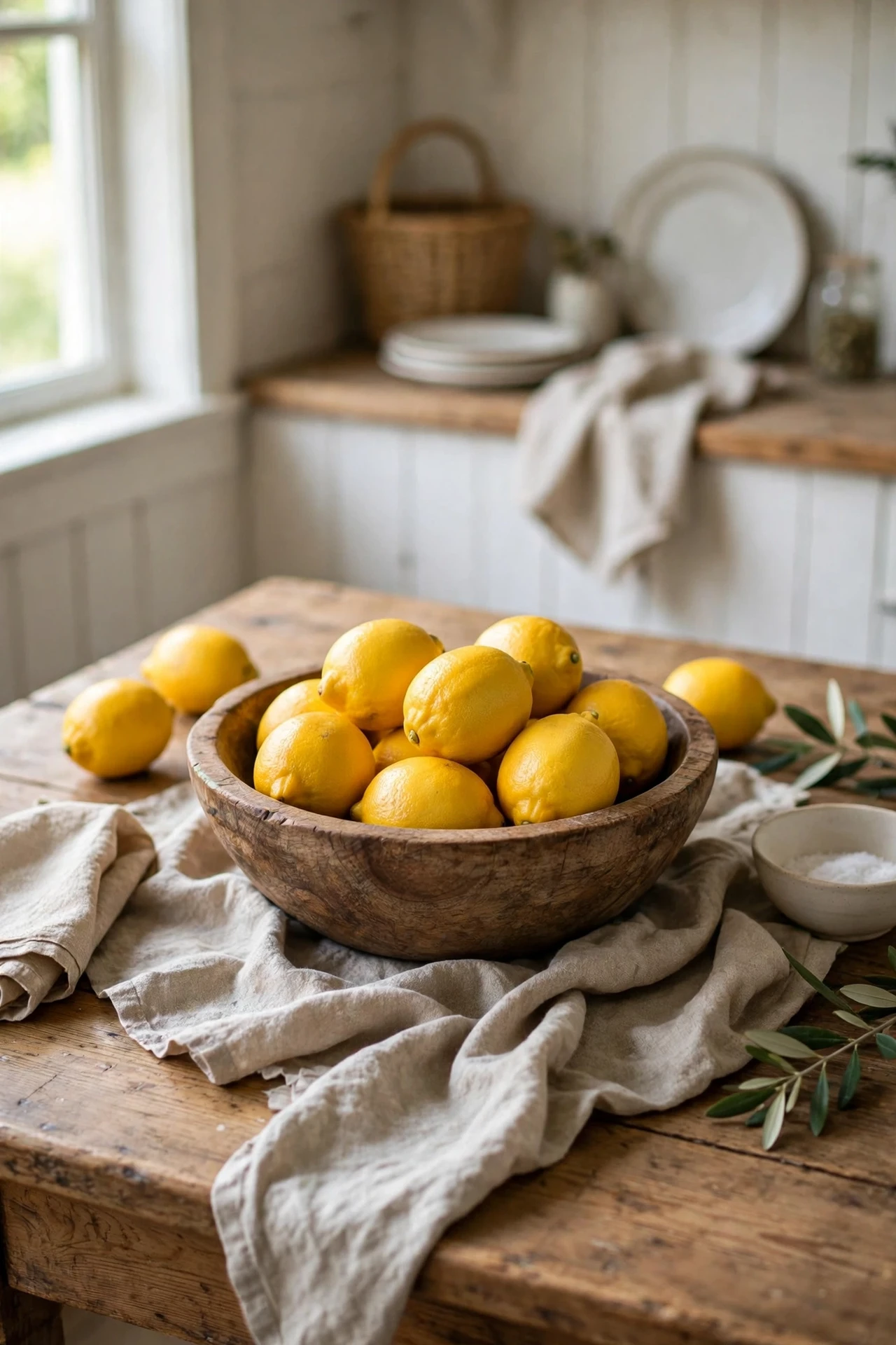 Wooden dough bowl centrepiece on farmhouse table