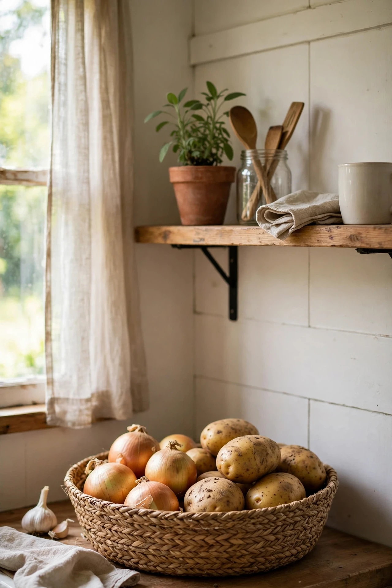 Woven seagrass basket storing vegetables in kitchen