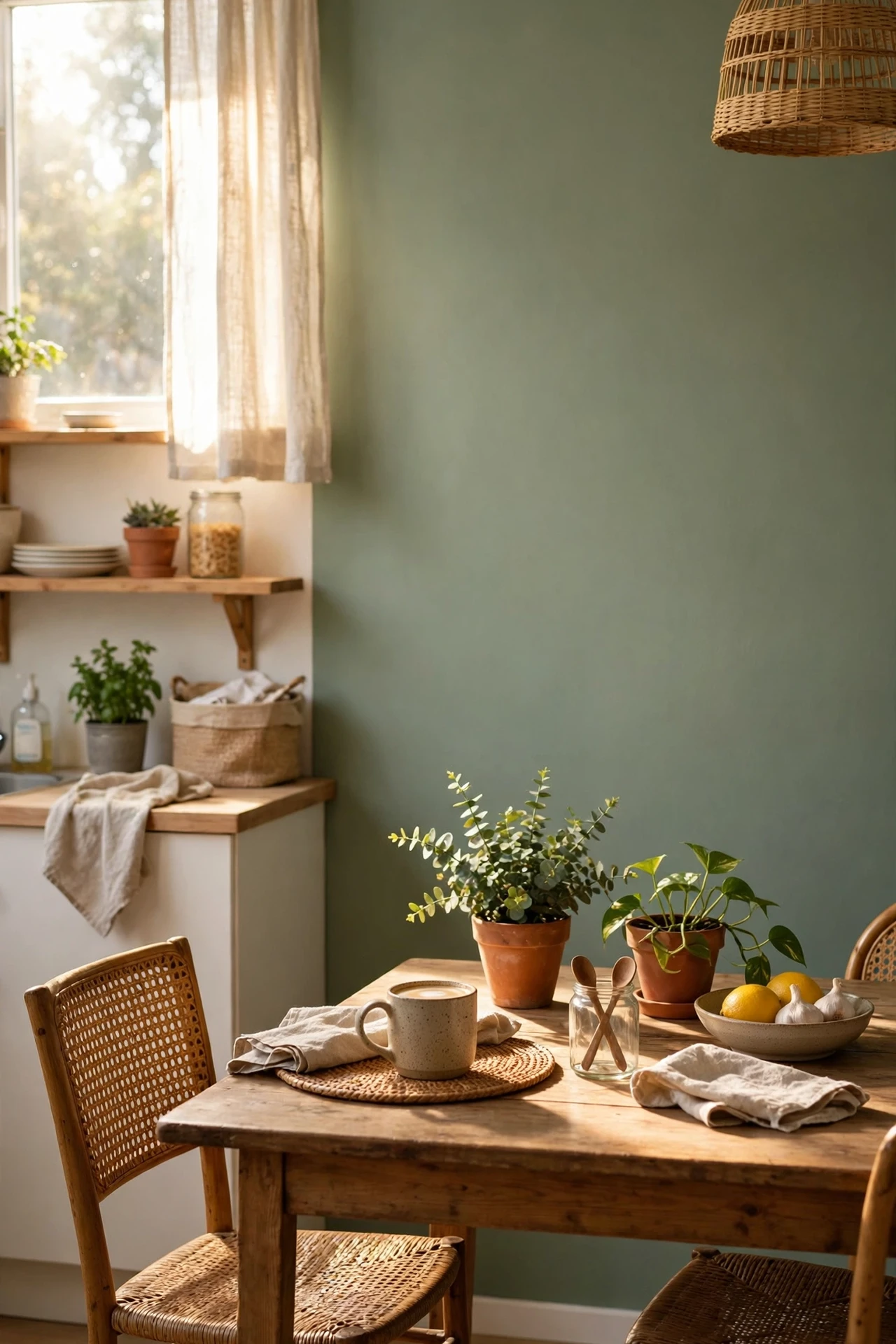 Sage green accent wall behind farmhouse dining table