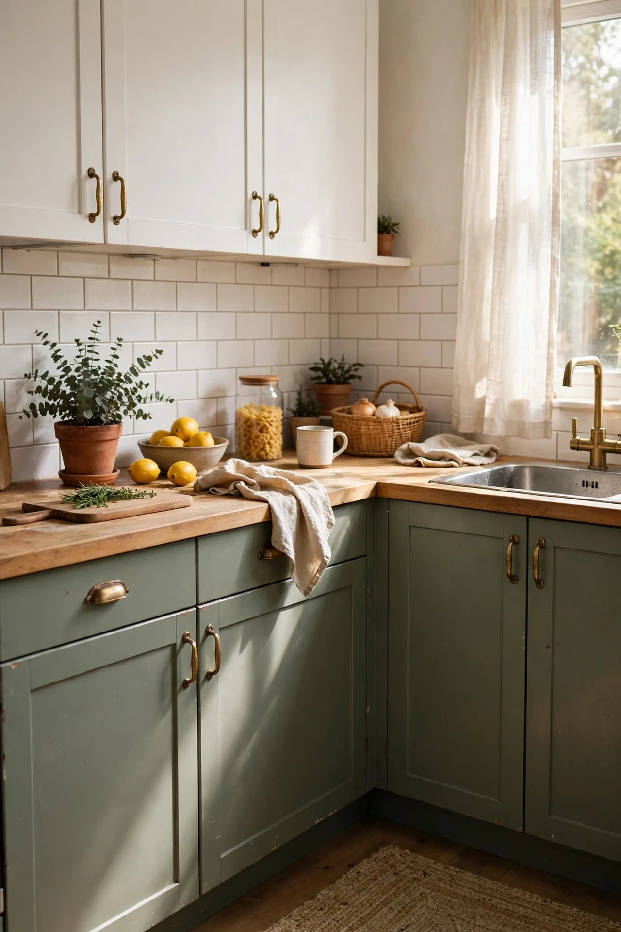 Lower kitchen cabinets painted soft sage green