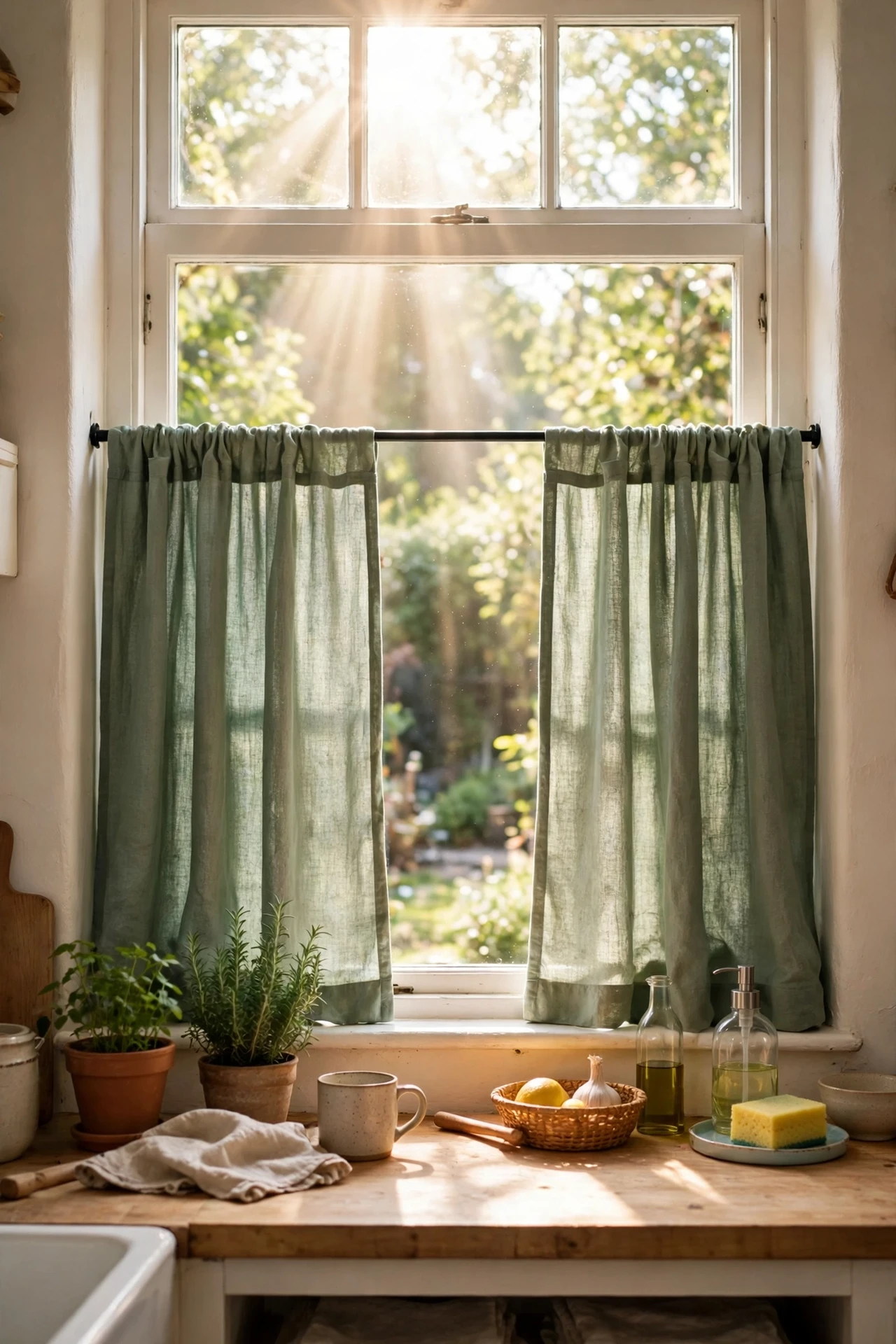 Sage green cafe curtains on kitchen window
