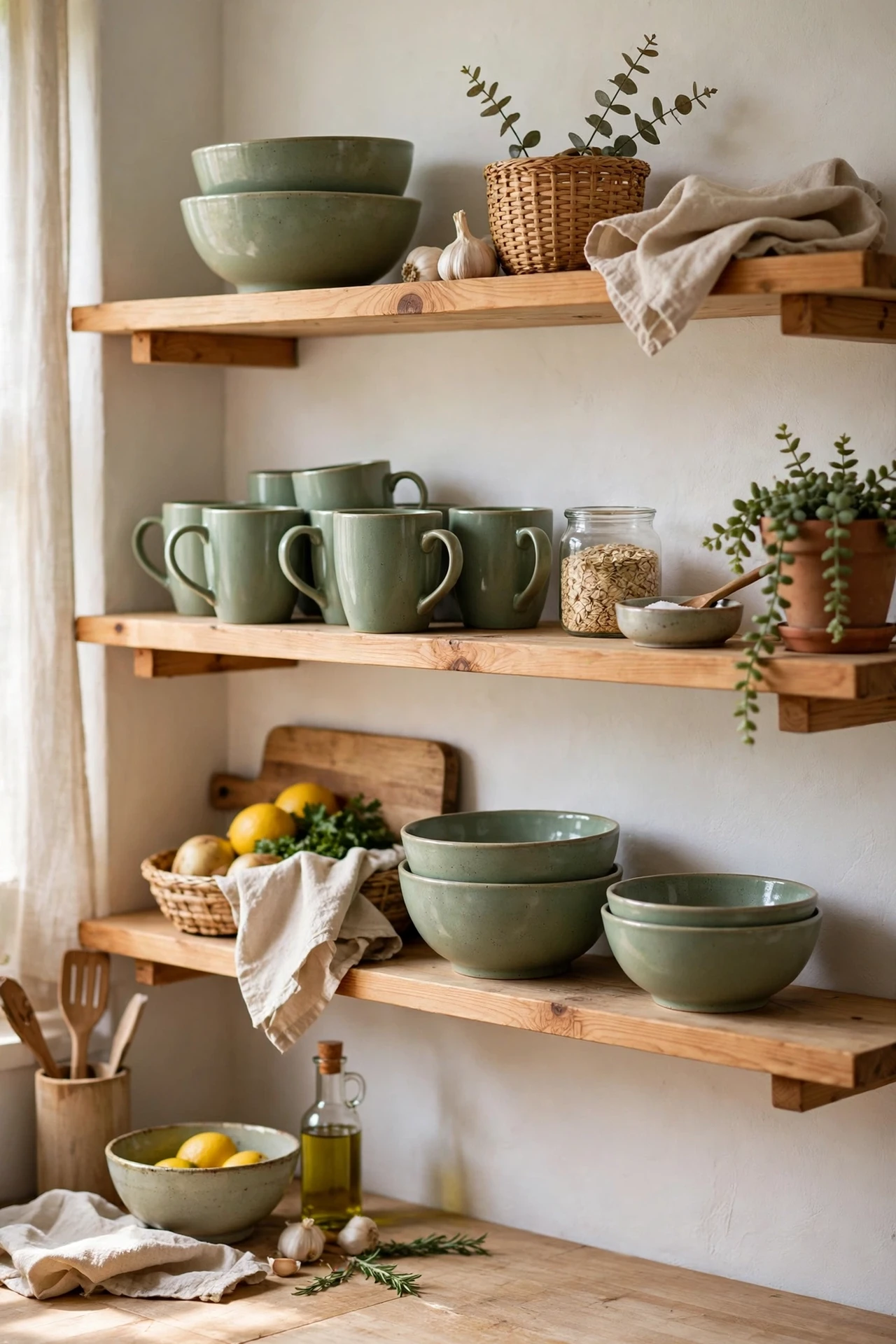 Open shelves styled with sage green ceramics